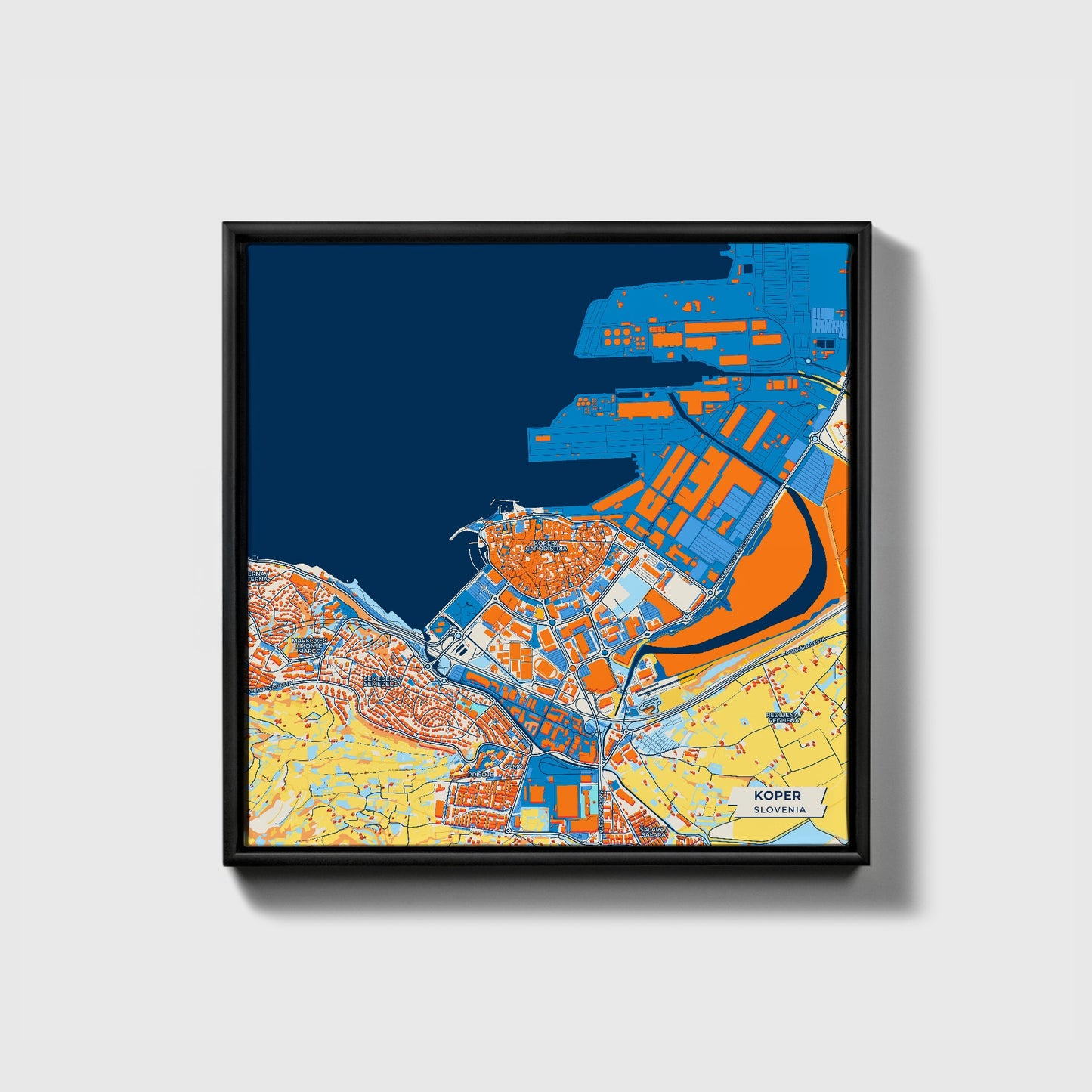 Koper Slovenia Colorful City Map Canvas Print • Black Framed