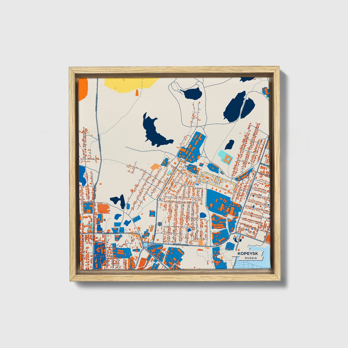 Копейск Russia Colorful City Map Canvas Print • Natural Wooden Framed