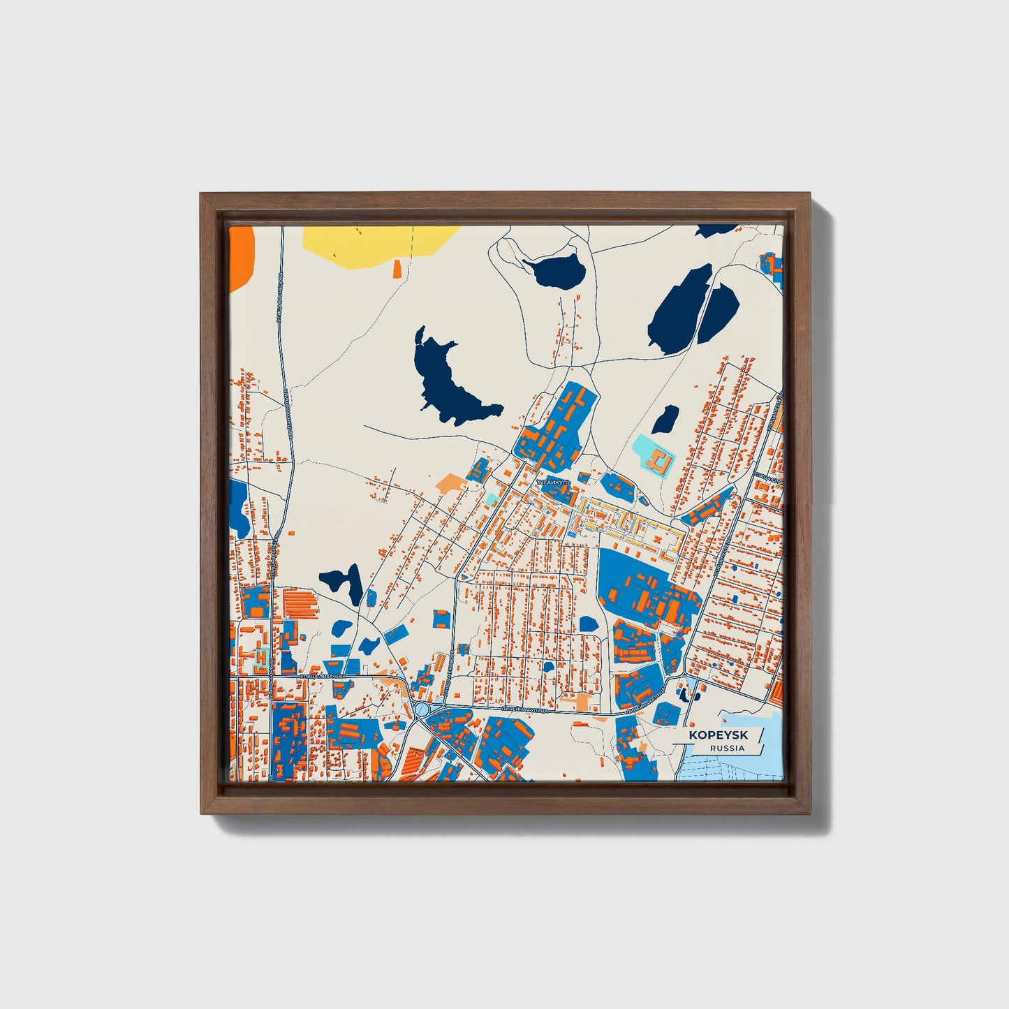 Копейск Russia Colorful City Map Canvas Print • Dark Wooden Framed