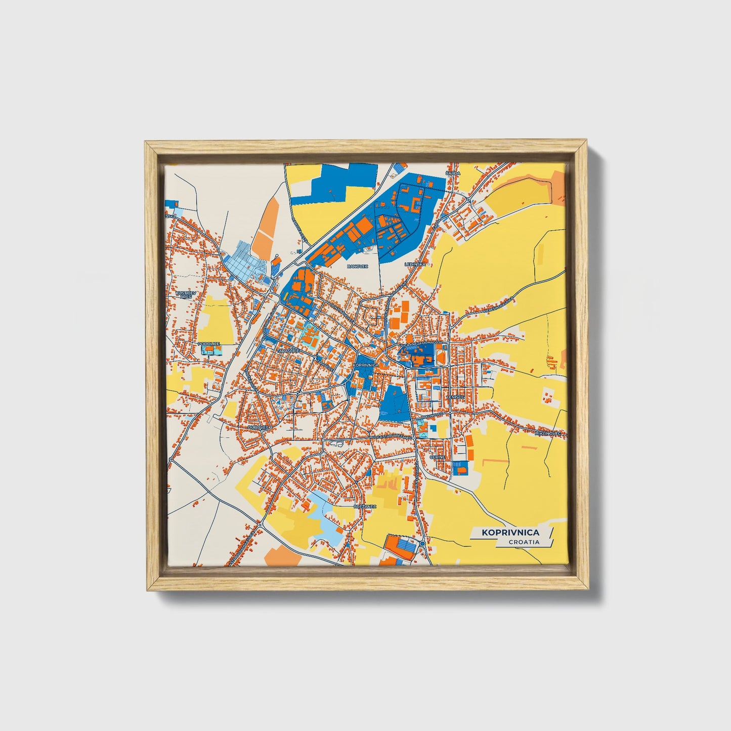 Koprivnica Croatia Colorful City Map Canvas Print • Natural Wooden Framed