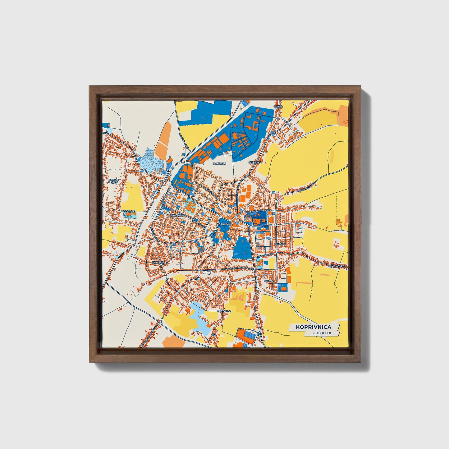 Koprivnica Croatia Colorful City Map Canvas Print • Dark Wooden Framed