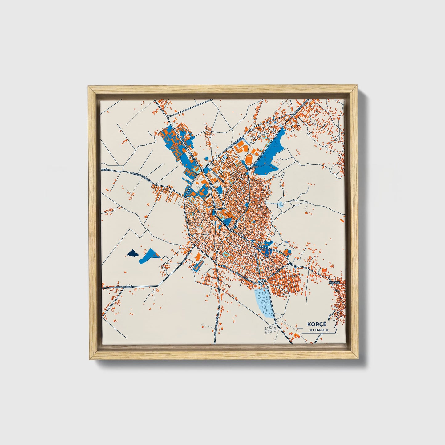 Korçë Albania Colorful City Map Canvas Print • Natural Wooden Framed