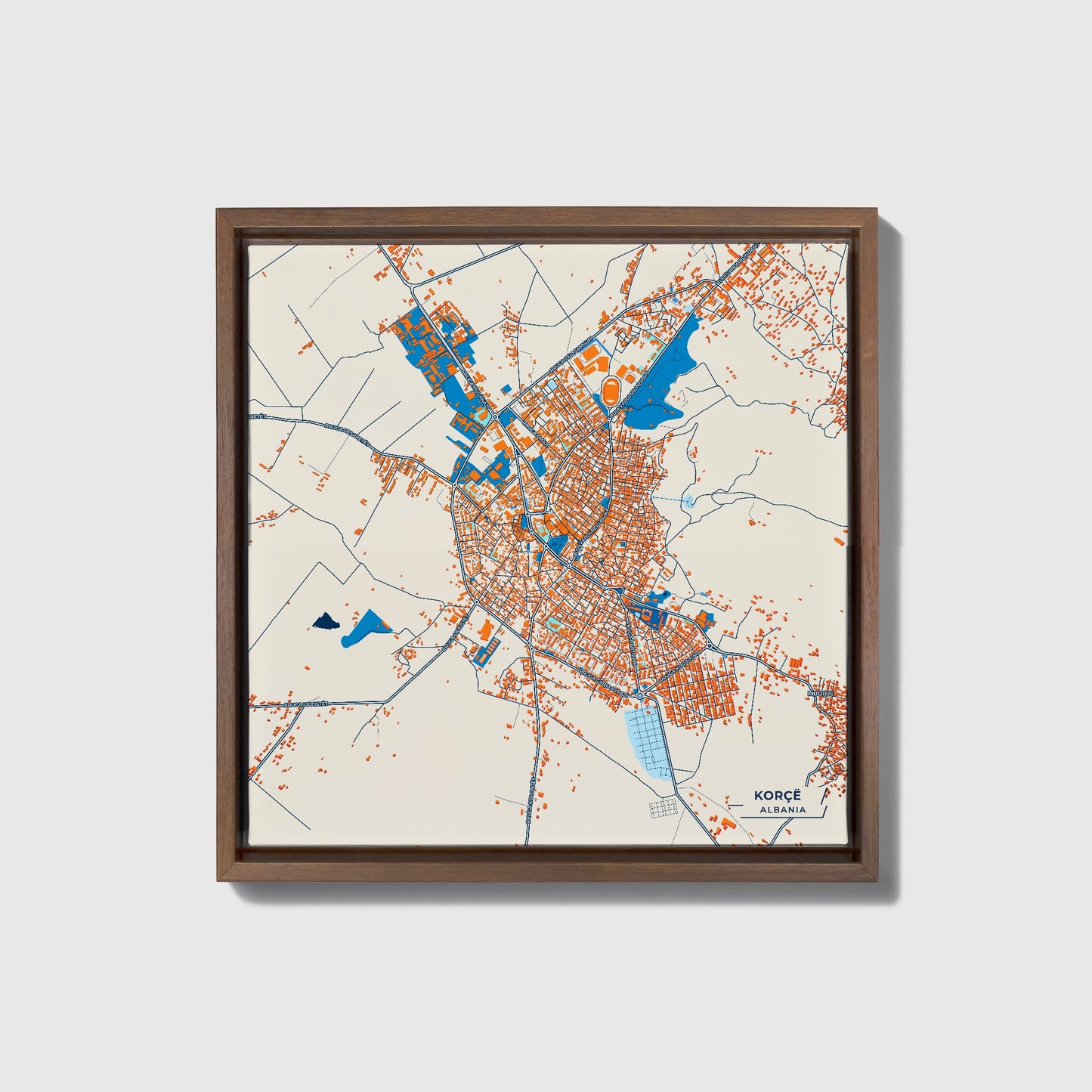 Korçë Albania Colorful City Map Canvas Print • Dark Wooden Framed