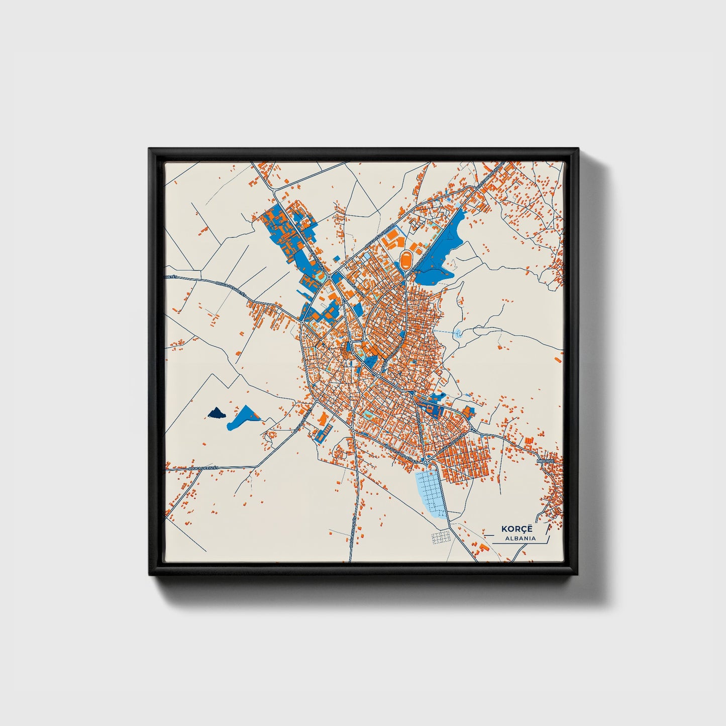 Korçë Albania Colorful City Map Canvas Print • Black Framed