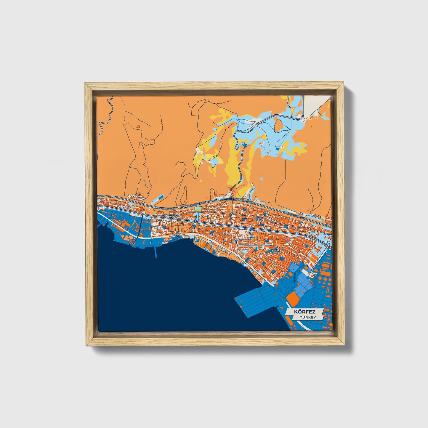 Körfez Turkey Colorful City Map Canvas Print • Natural Wooden Framed