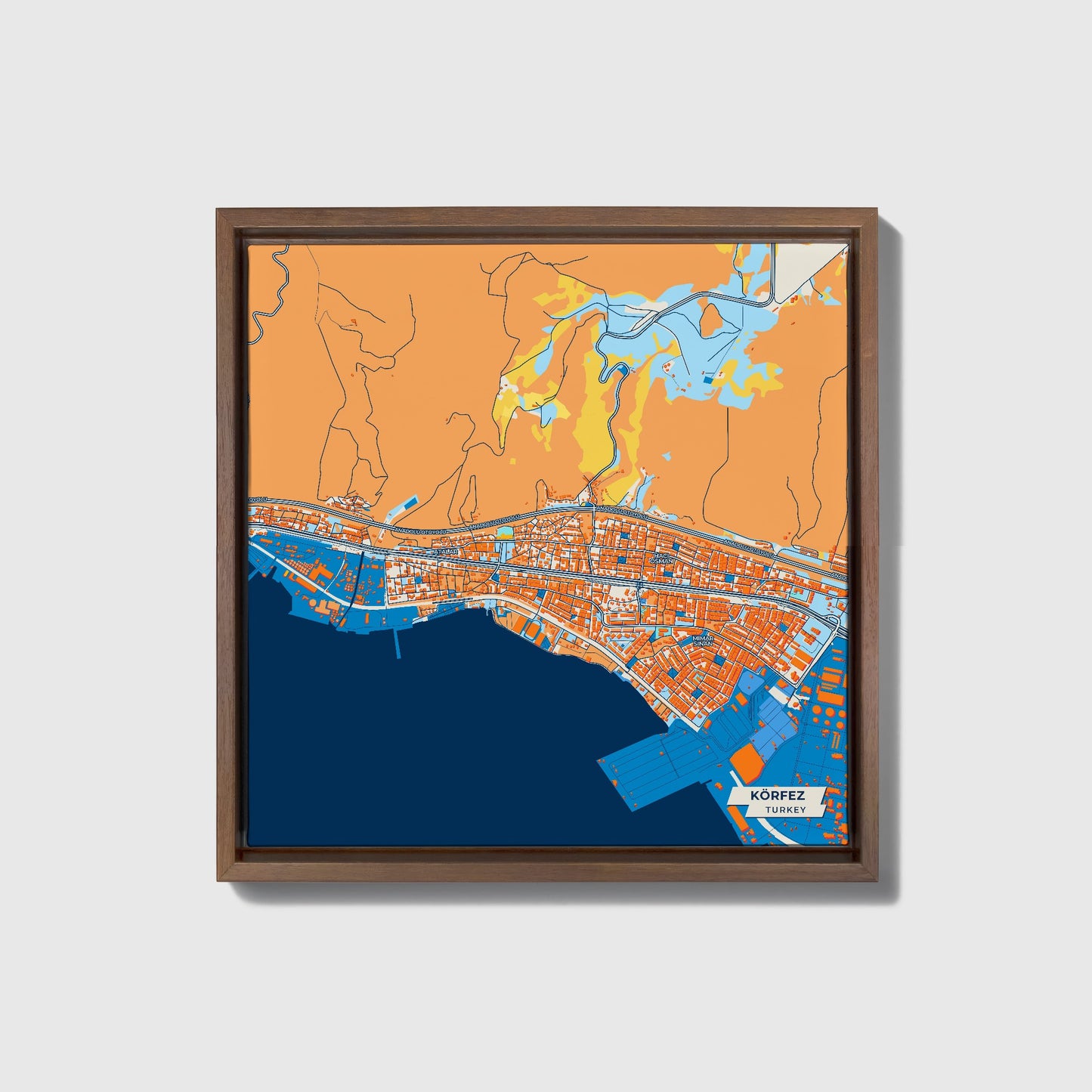 Körfez Turkey Colorful City Map Canvas Print • Dark Wooden Framed