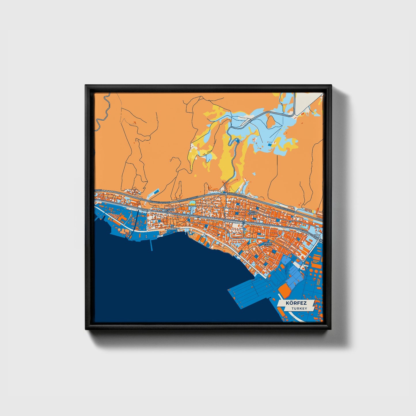 Körfez Turkey Colorful City Map Canvas Print • Black Framed