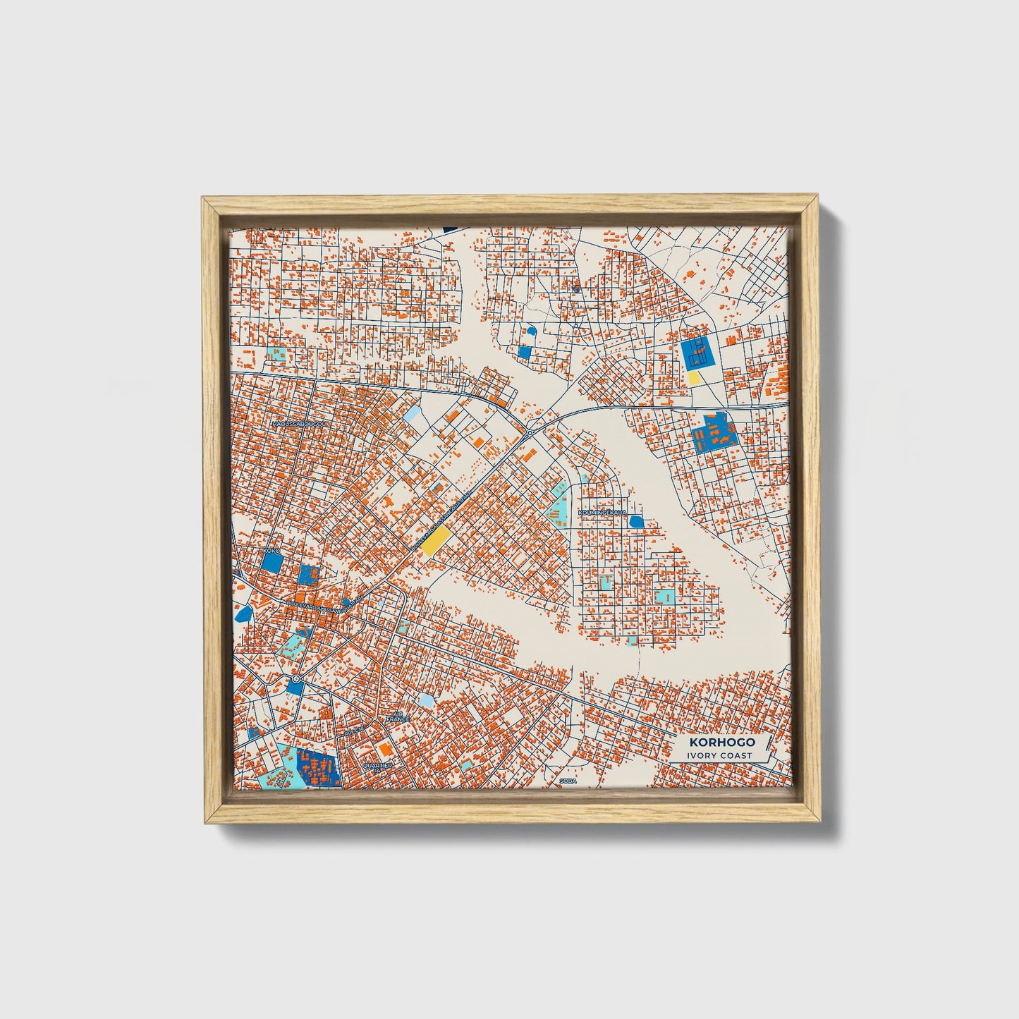 Korhogo Ivory Coast Colorful City Map Canvas Print • Natural Wooden Framed