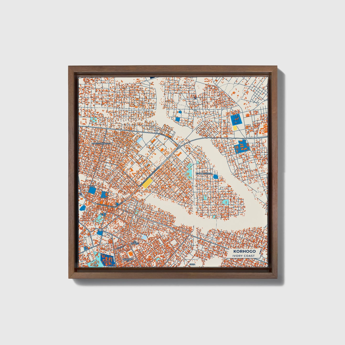 Korhogo Ivory Coast Colorful City Map Canvas Print • Dark Wooden Framed