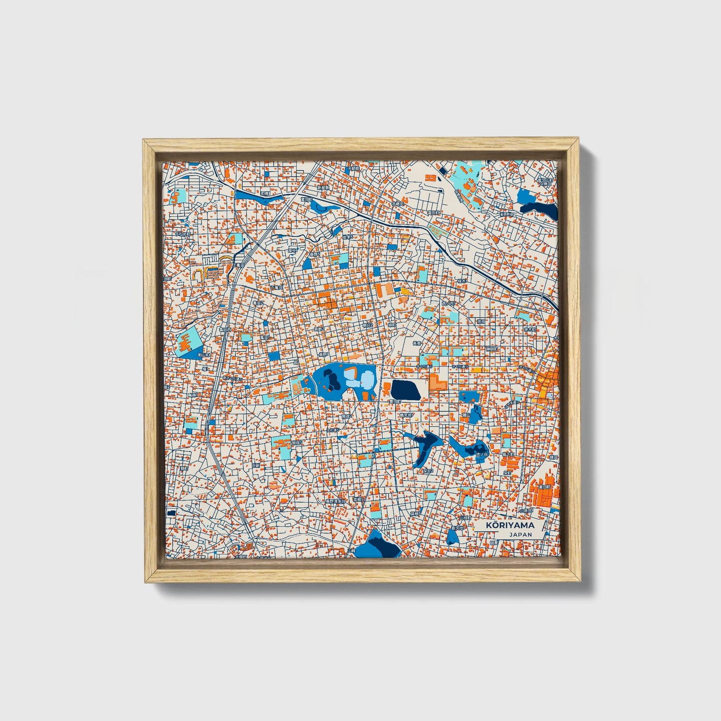 Kōriyama Japan Colorful City Map Canvas Print • Natural Wooden Framed