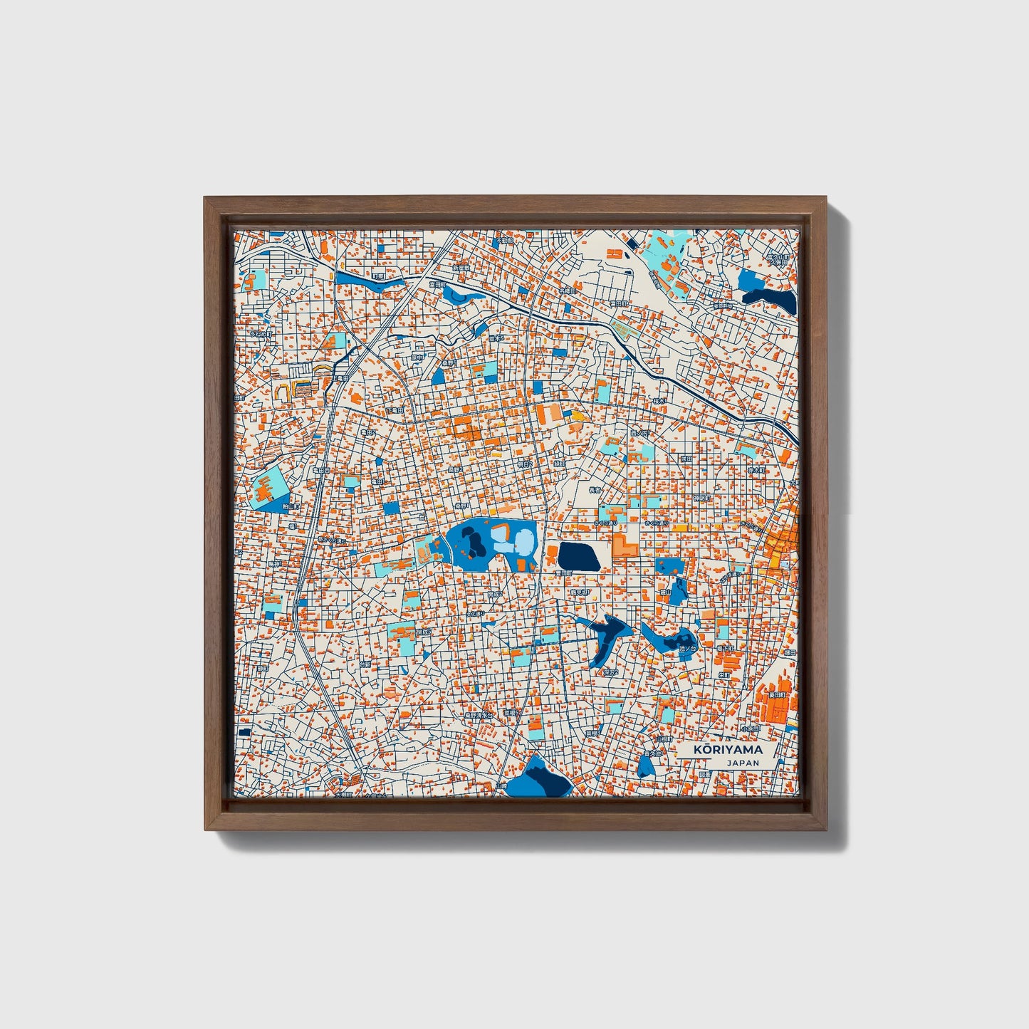 Kōriyama Japan Colorful City Map Canvas Print • Dark Wooden Framed