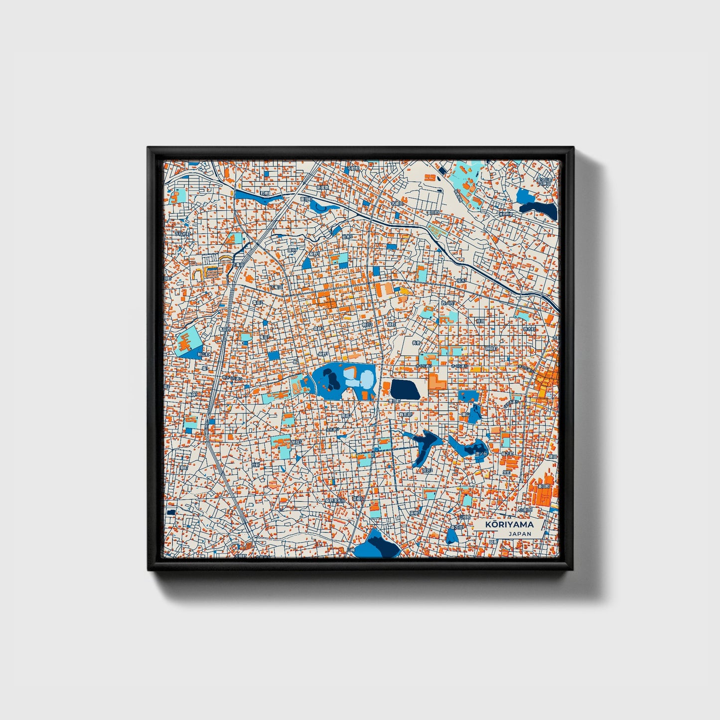 Kōriyama Japan Colorful City Map Canvas Print • Black Framed