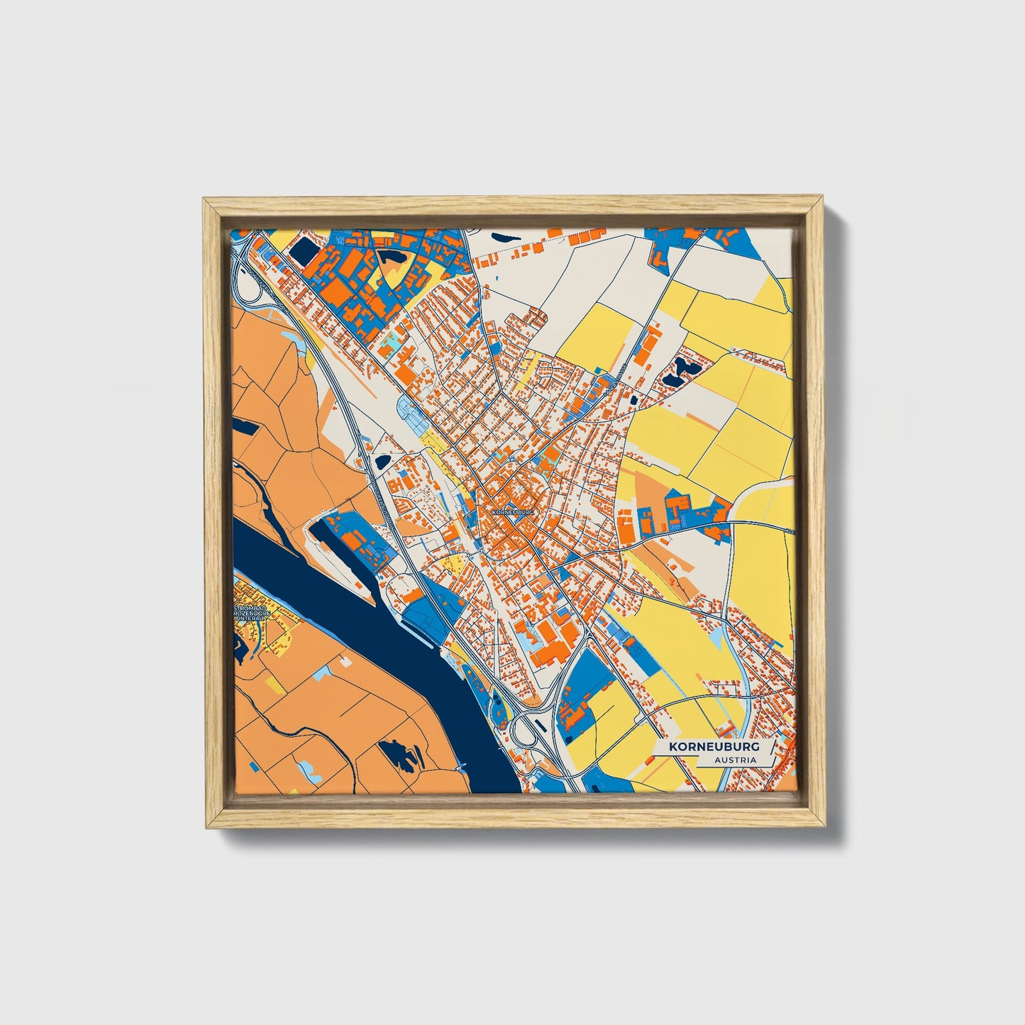 Korneuburg Austria Colorful City Map Canvas Print • Natural Wooden Framed