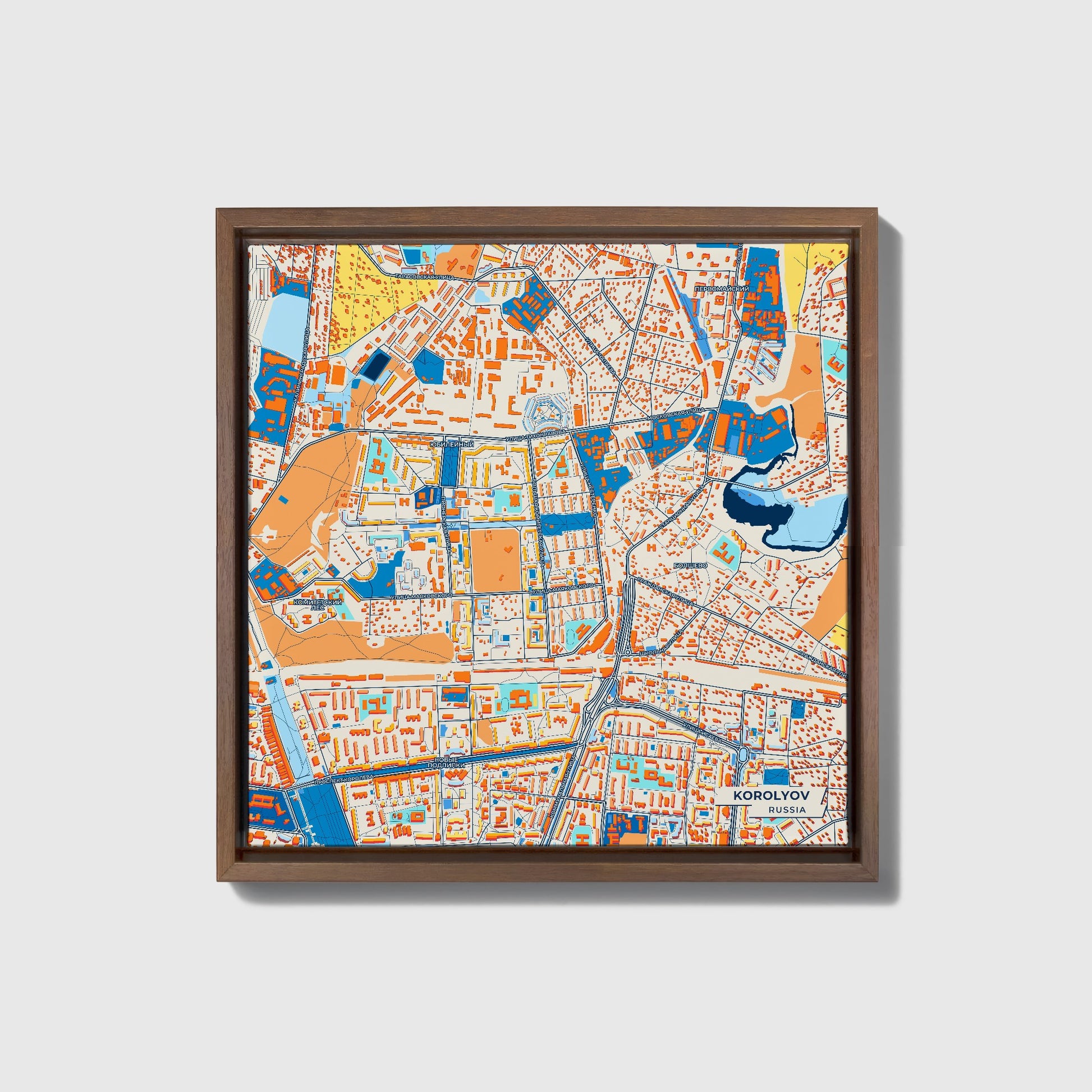 Королев Russia Colorful City Map Canvas Print • Dark Wooden Framed