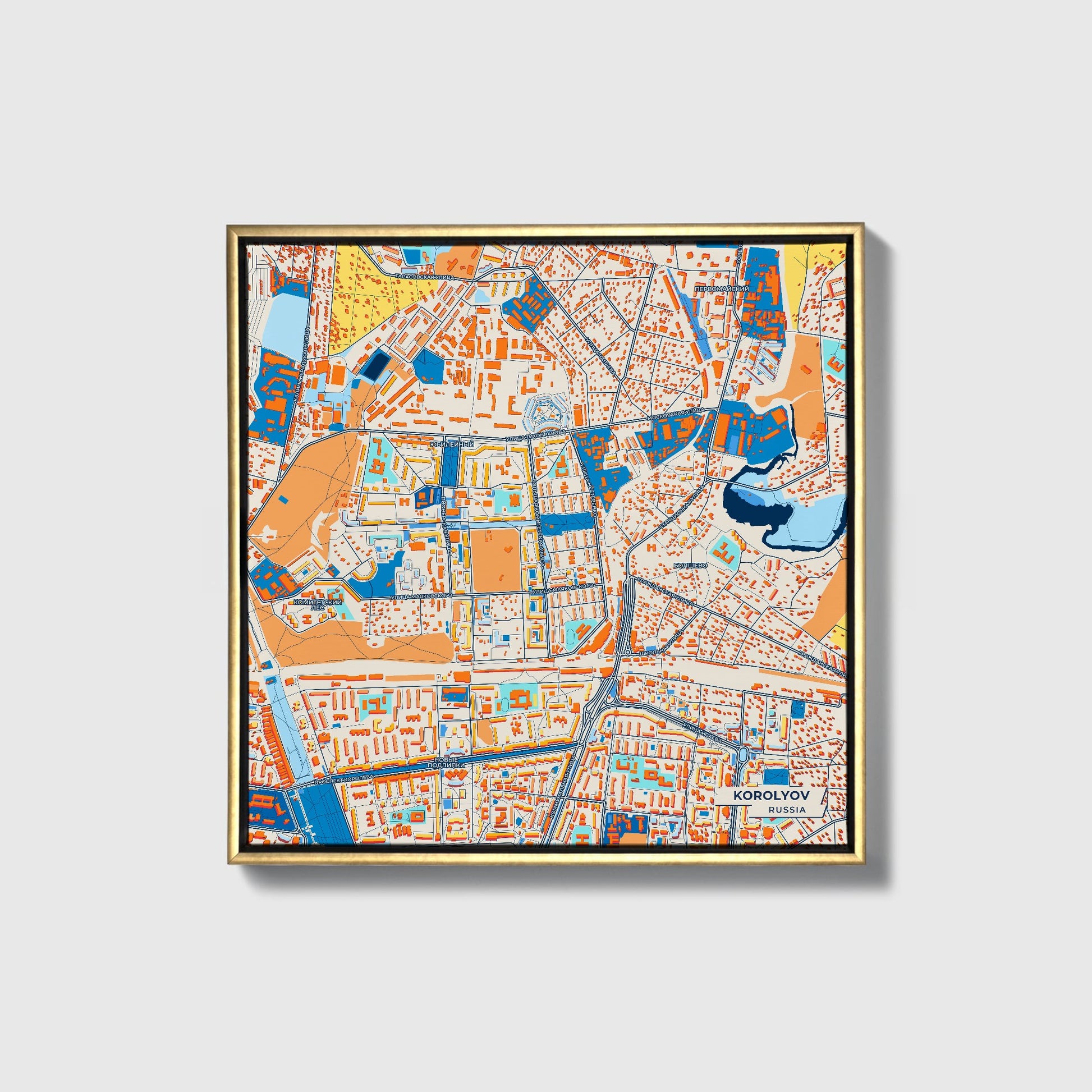 Королев Russia Colorful City Map Canvas Print • Gold Framed