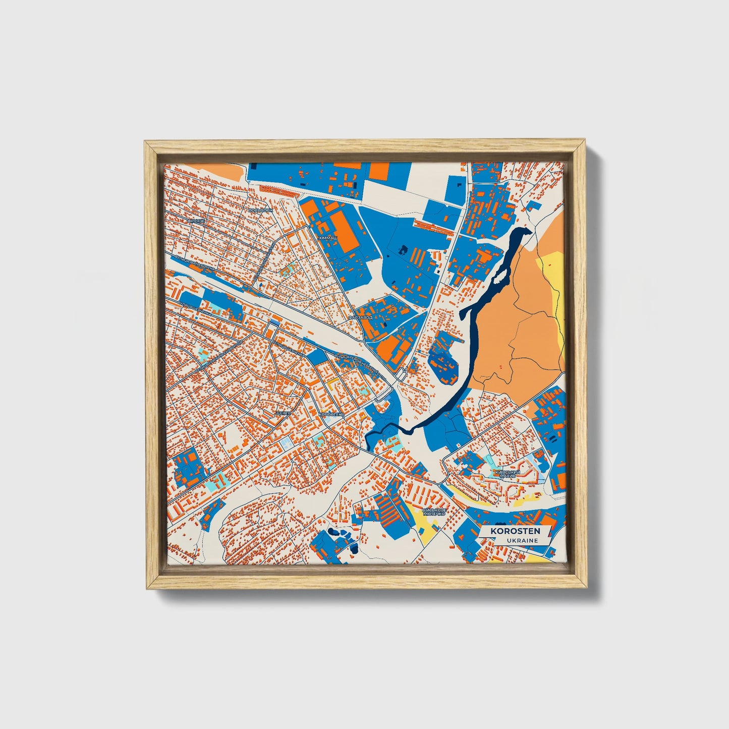 Коростен Ukraine Colorful City Map Canvas Print • Natural Wooden Framed