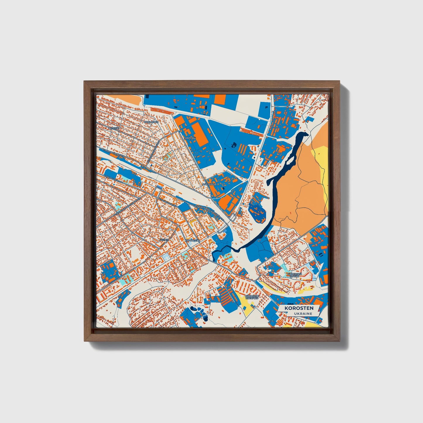 Коростен Ukraine Colorful City Map Canvas Print • Dark Wooden Framed