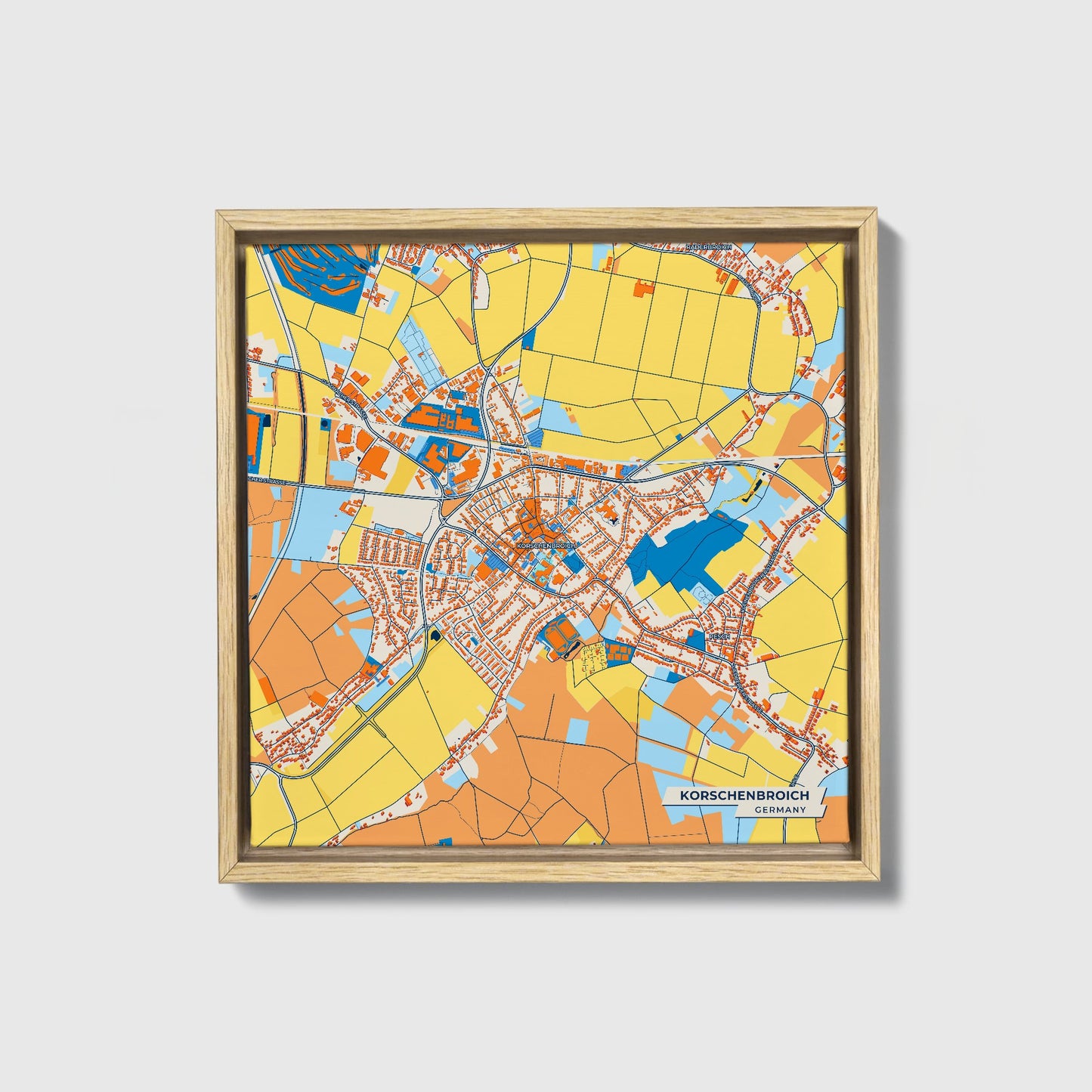 Korschenbroich Germany Colorful City Map Canvas Print • Natural Wooden Framed