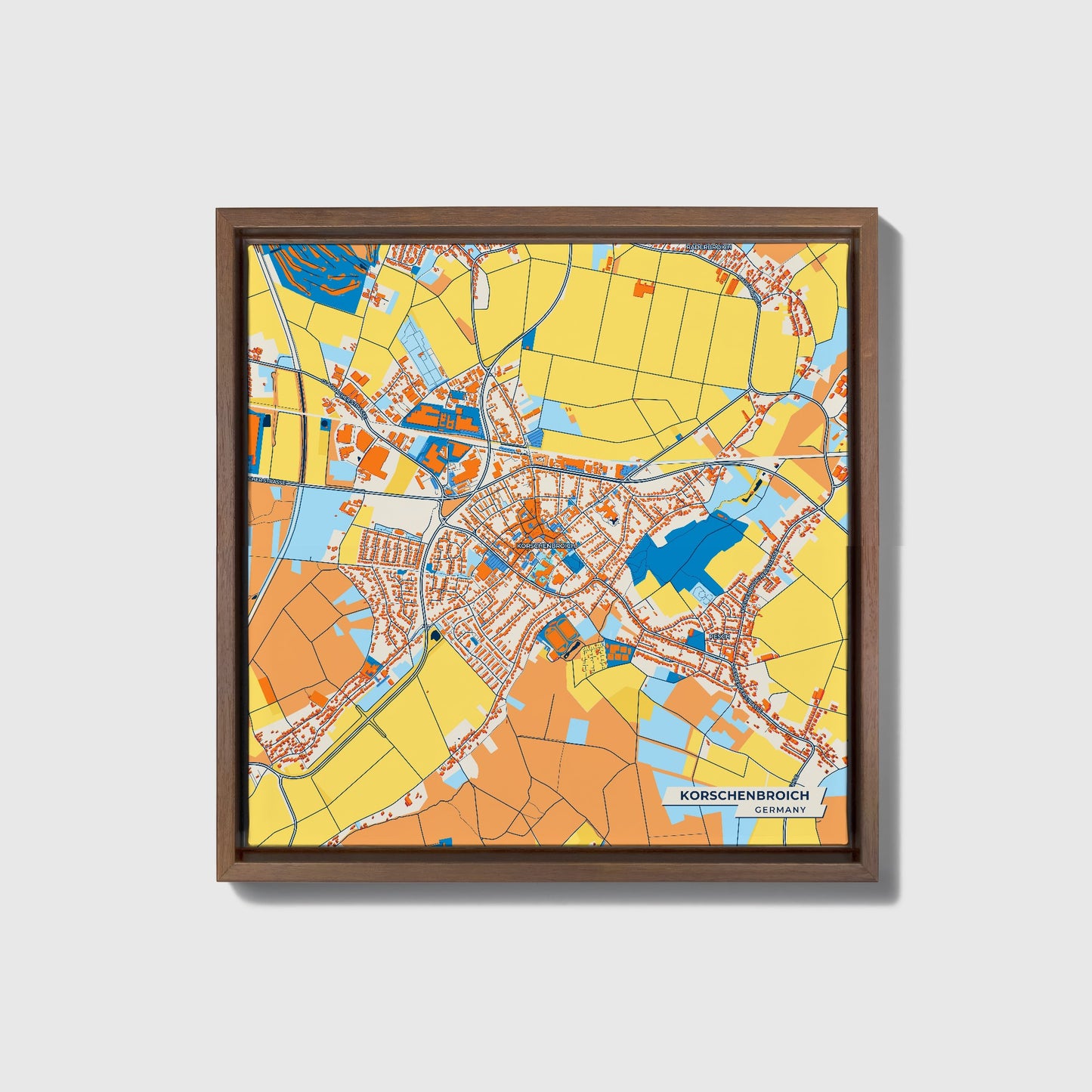 Korschenbroich Germany Colorful City Map Canvas Print • Dark Wooden Framed