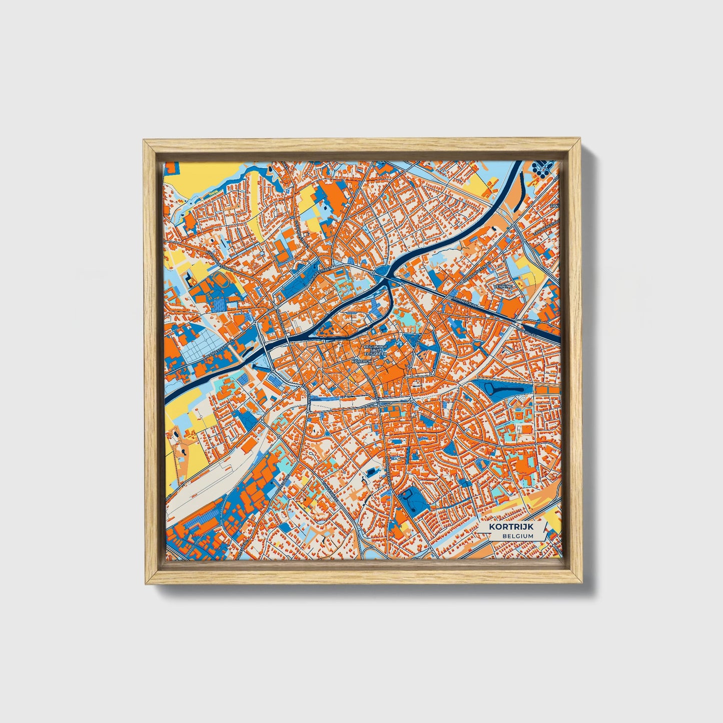 Kortrijk  Belgium Colorful City Map Canvas Print • Natural Wooden Framed