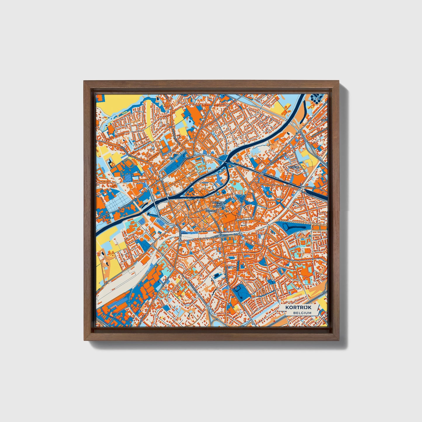Kortrijk  Belgium Colorful City Map Canvas Print • Dark Wooden Framed