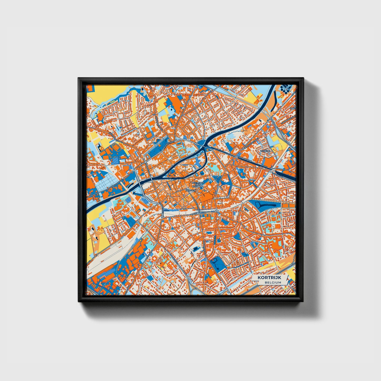 Kortrijk  Belgium Colorful City Map Canvas Print • Black Framed