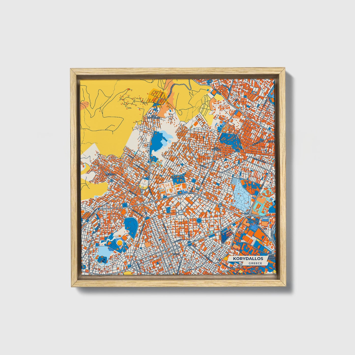 Κορυδαλλος Greece Colorful City Map Canvas Print • Natural Wooden Framed