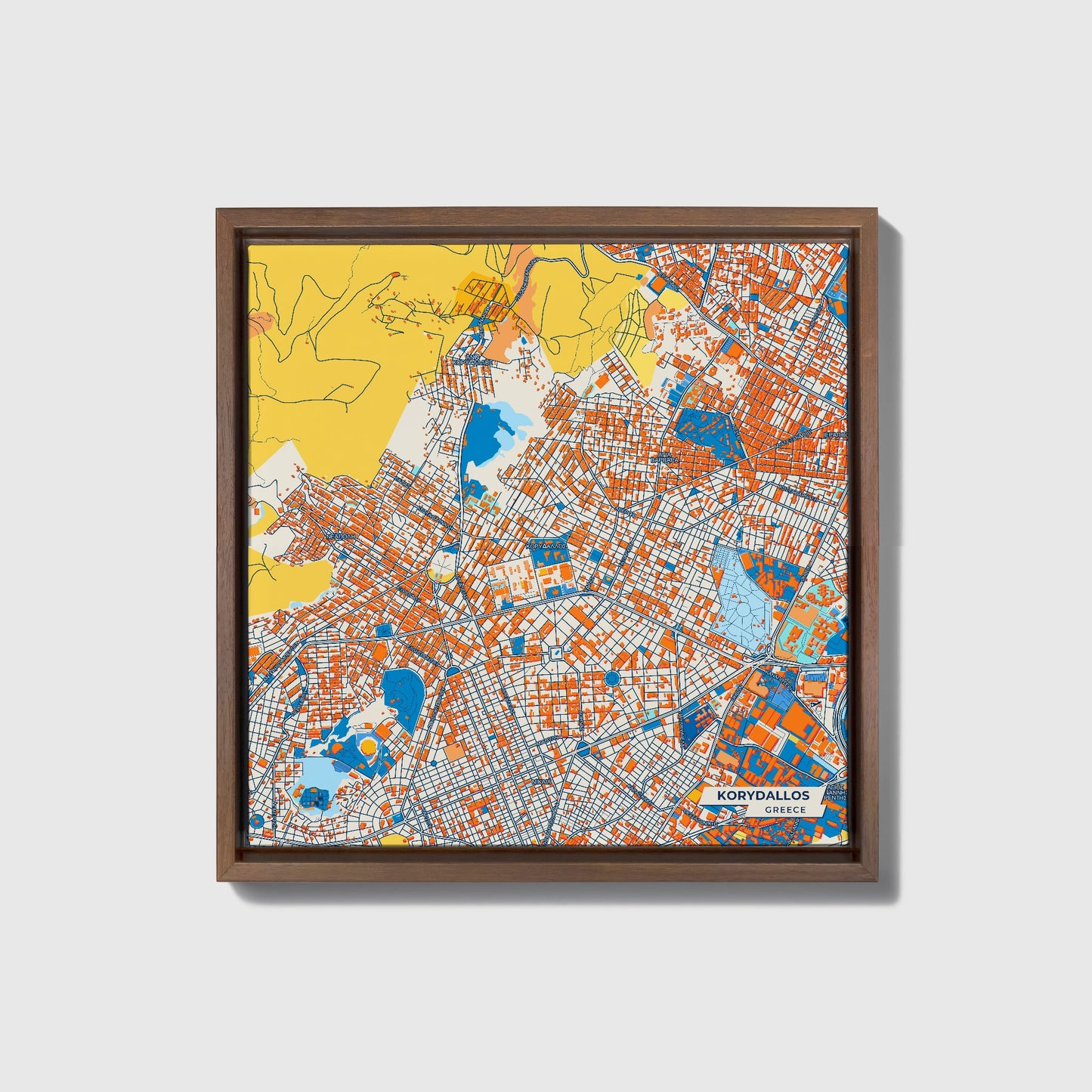 Κορυδαλλος Greece Colorful City Map Canvas Print • Dark Wooden Framed