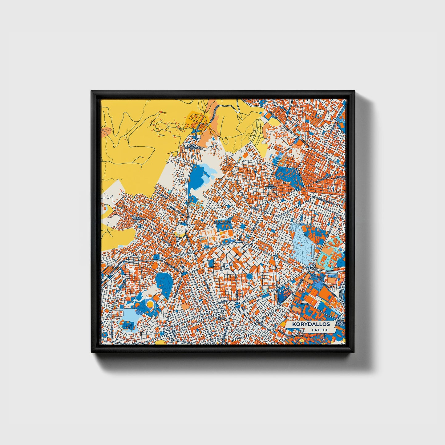 Κορυδαλλος Greece Colorful City Map Canvas Print • Black Framed