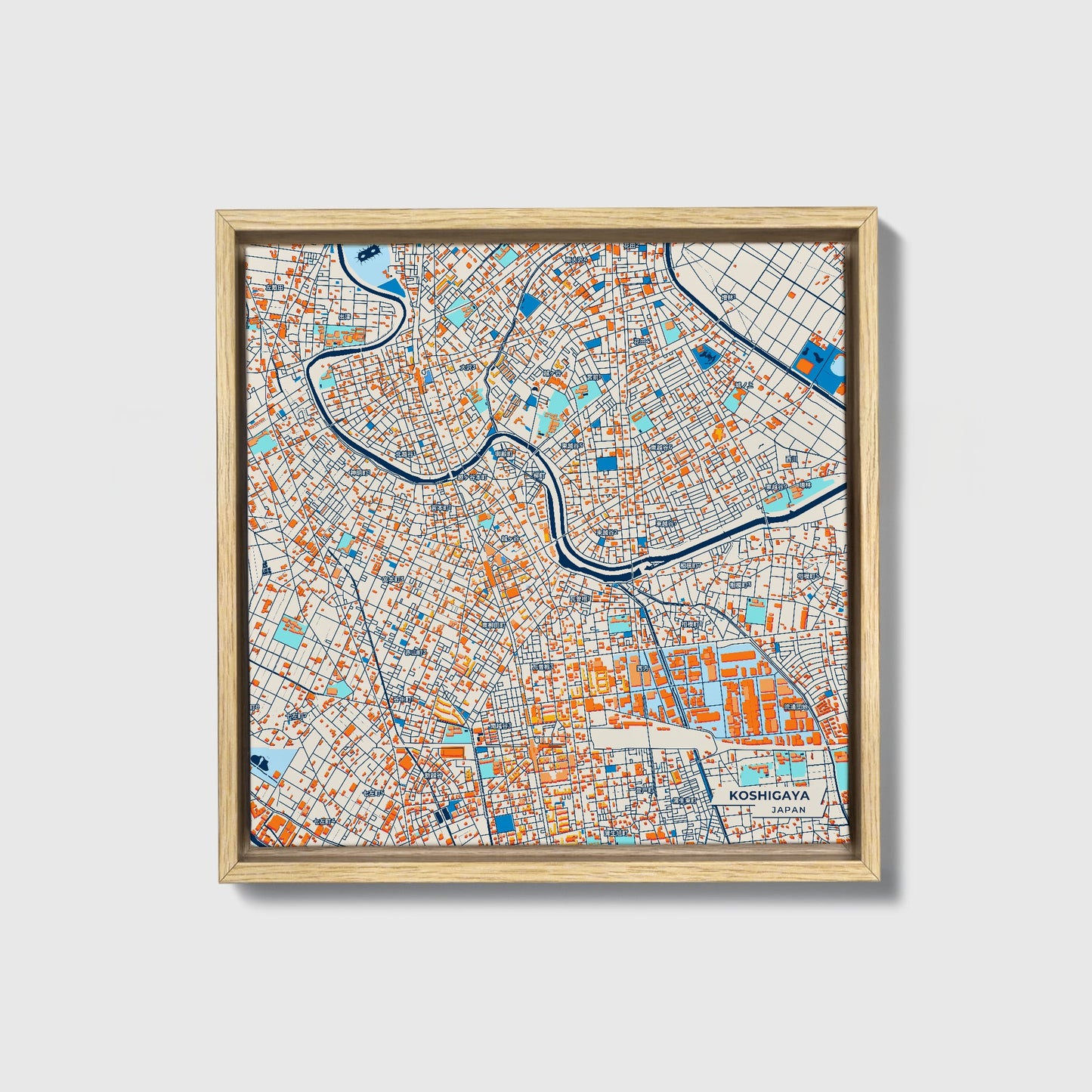 Koshigaya Japan Colorful City Map Canvas Print • Natural Wooden Framed