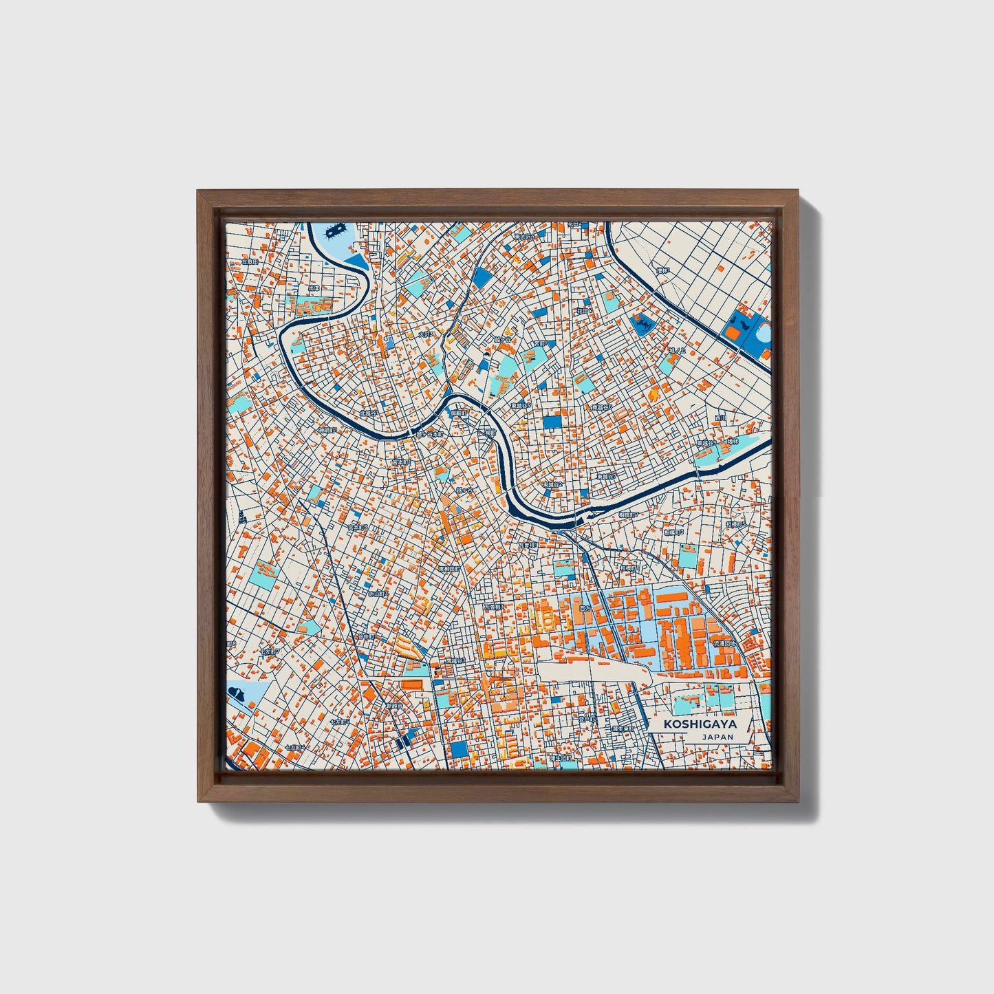Koshigaya Japan Colorful City Map Canvas Print • Dark Wooden Framed