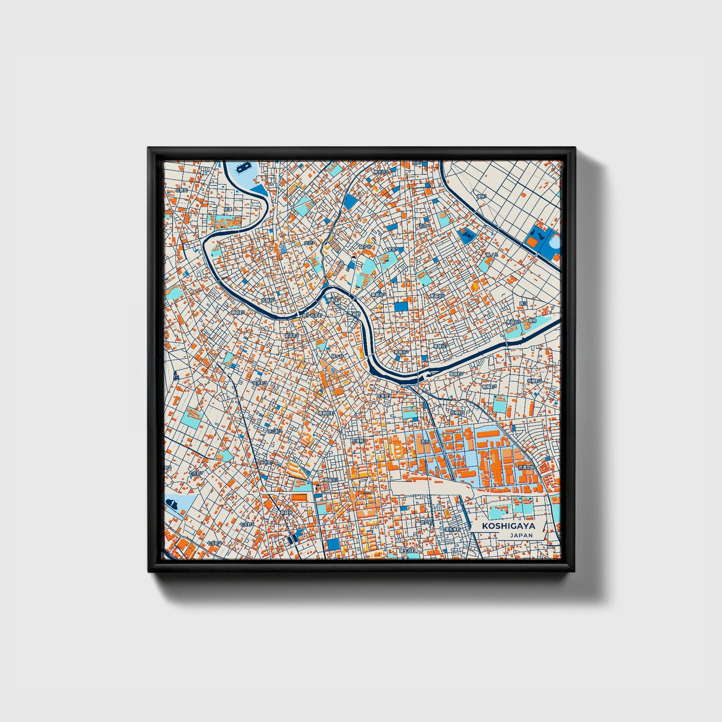 Koshigaya Japan Colorful City Map Canvas Print • Black Framed