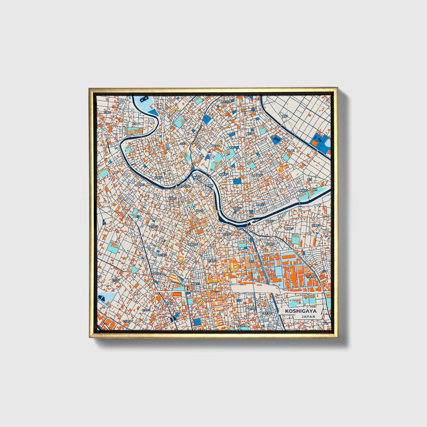 Koshigaya Japan Colorful City Map Canvas Print • Gold Framed