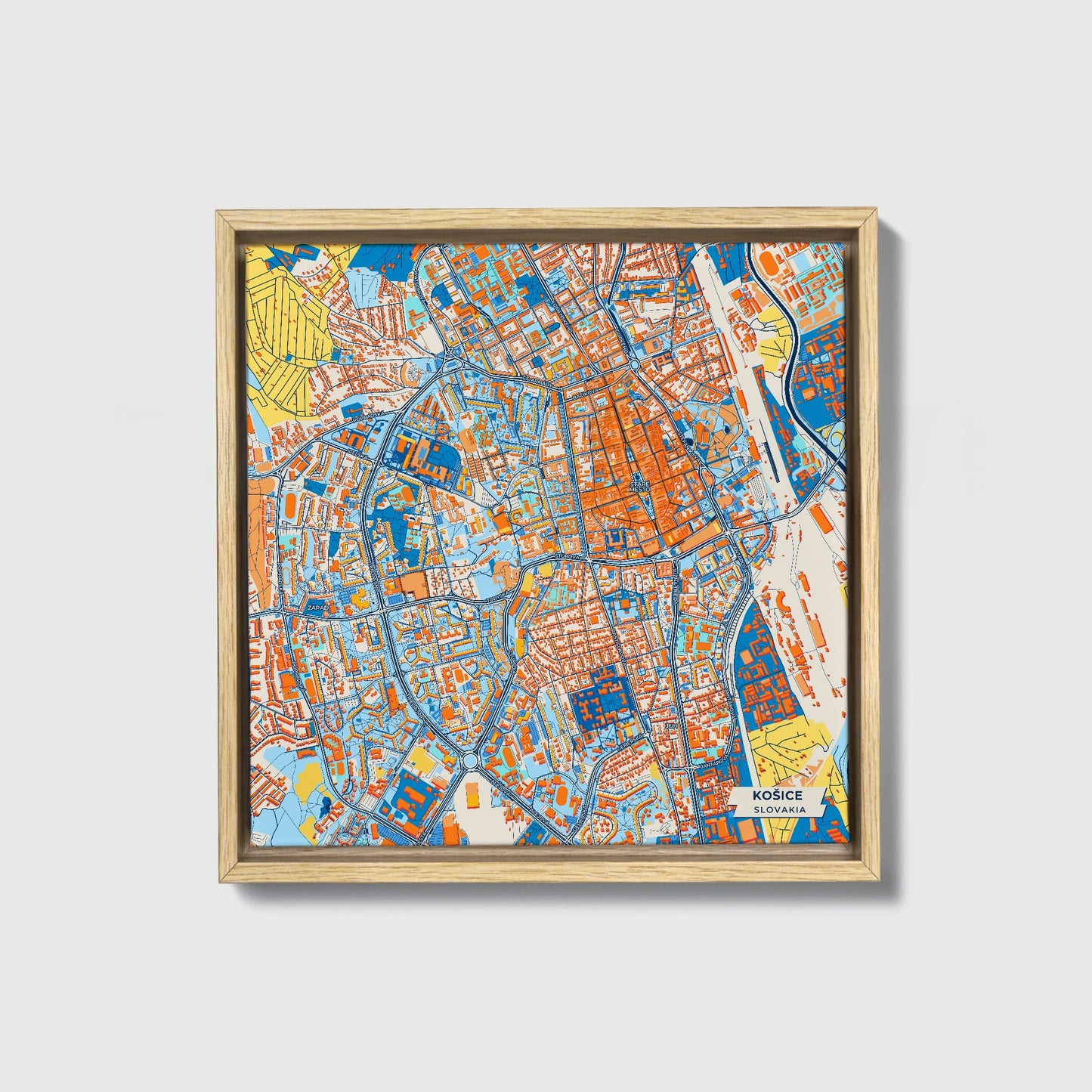 Košice Slovakia Colorful City Map Canvas Print • Natural Wooden Framed