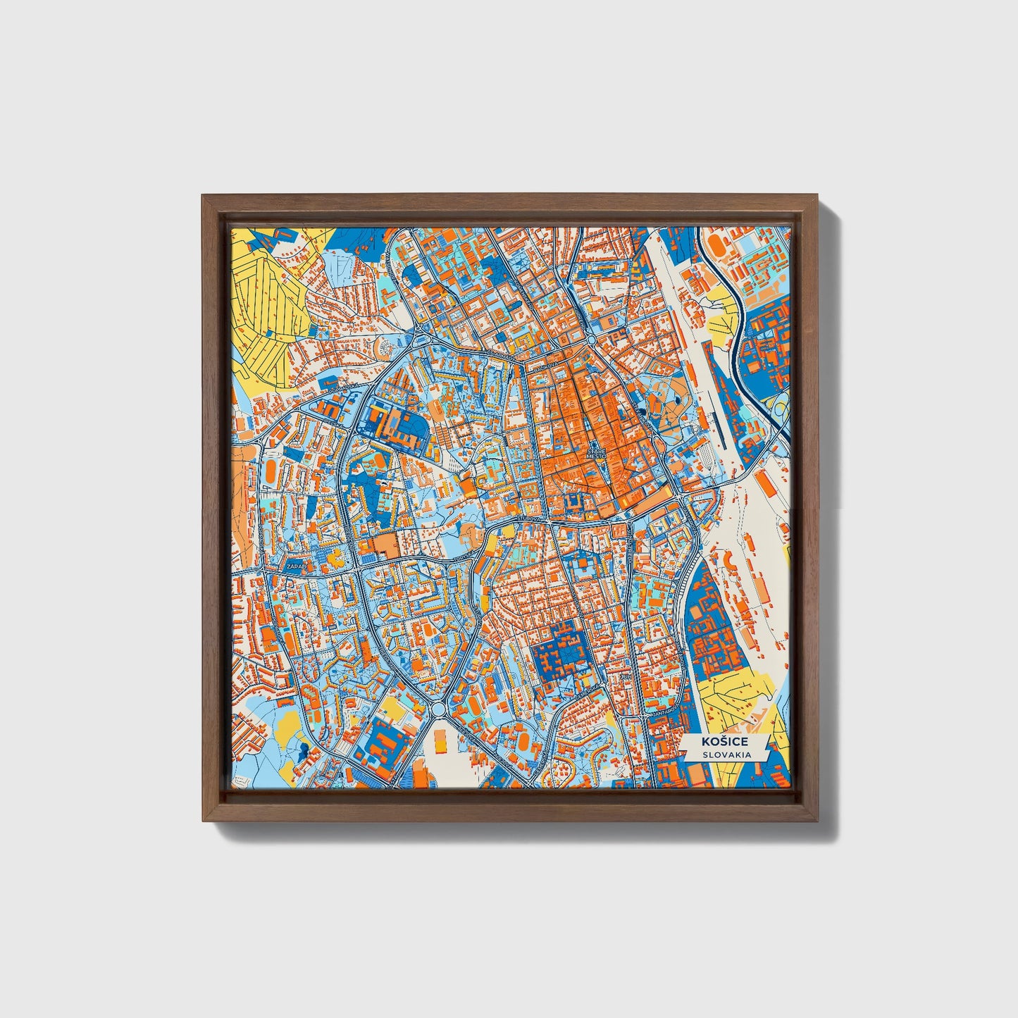 Košice Slovakia Colorful City Map Canvas Print • Dark Wooden Framed