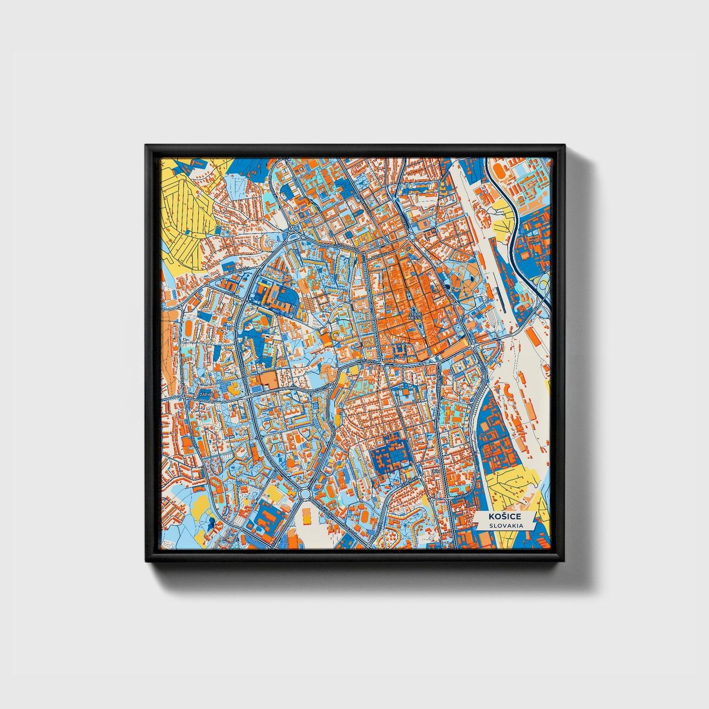 Košice Slovakia Colorful City Map Canvas Print • Black Framed