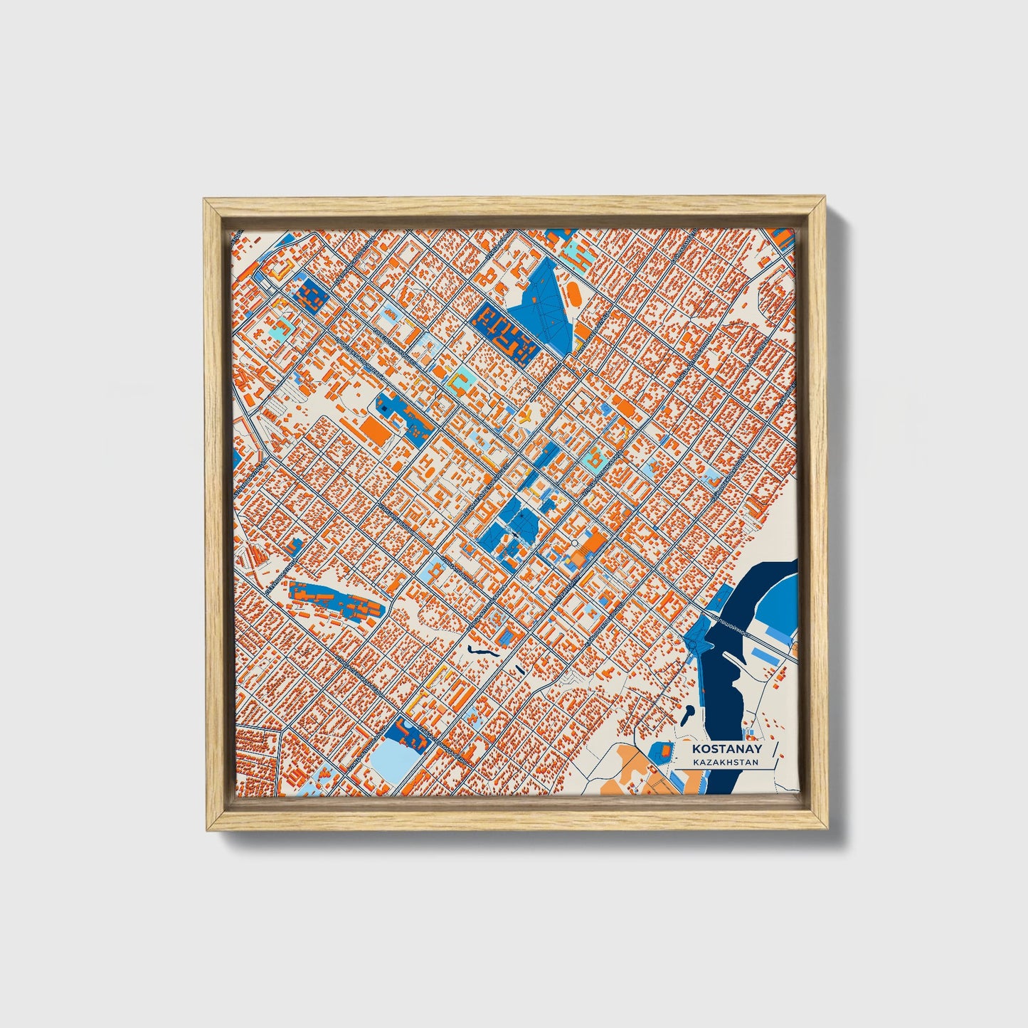 Kostanay Kazakhstan Colorful City Map Canvas Print • Natural Wooden Framed