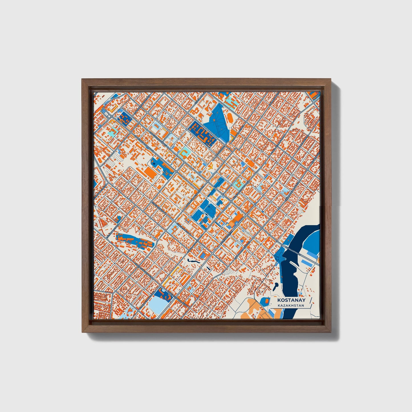 Kostanay Kazakhstan Colorful City Map Canvas Print • Dark Wooden Framed