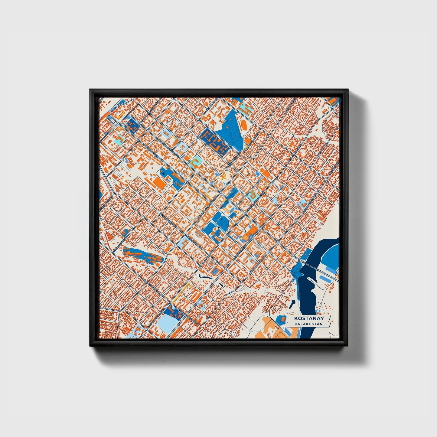 Kostanay Kazakhstan Colorful City Map Canvas Print • Black Framed