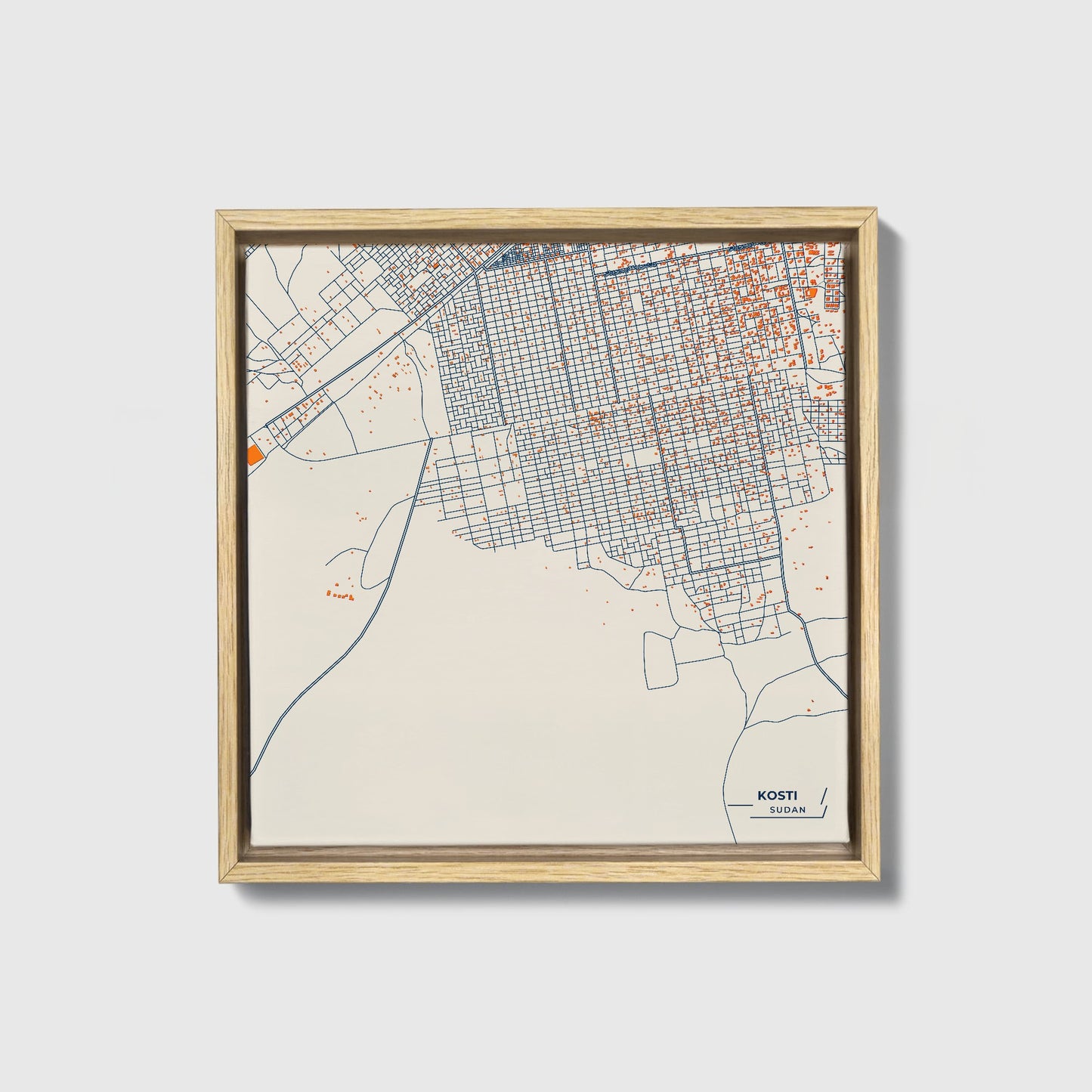 Kosti Sudan Colorful City Map Canvas Print • Natural Wooden Framed