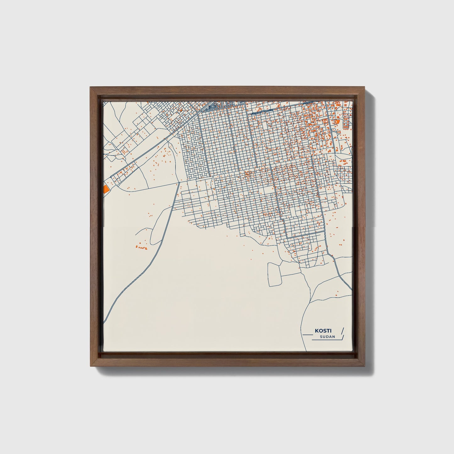 Kosti Sudan Colorful City Map Canvas Print • Dark Wooden Framed