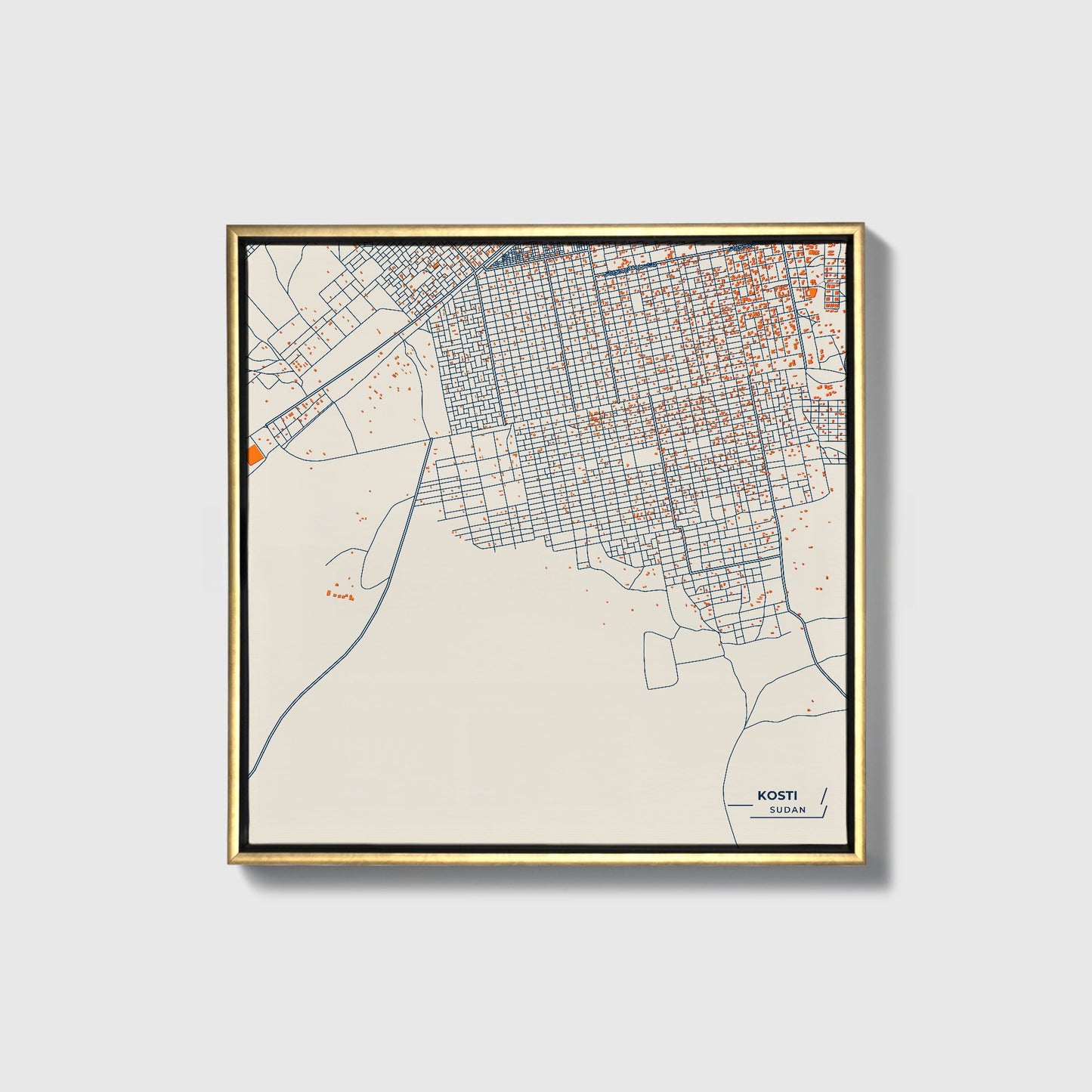 Kosti Sudan Colorful City Map Canvas Print • Gold Framed