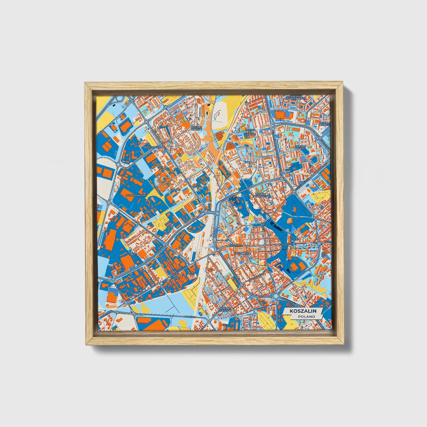 Koszalin Poland Colorful City Map Canvas Print • Natural Wooden Framed