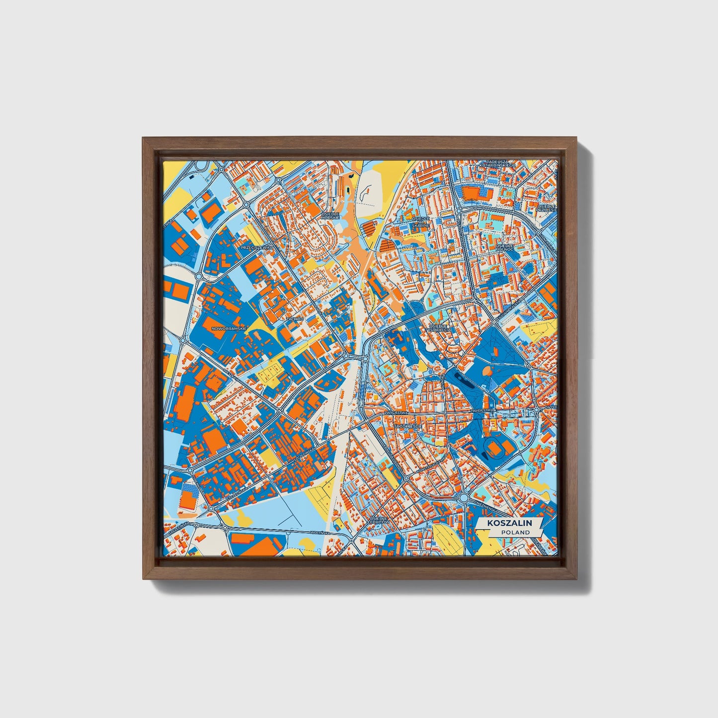 Koszalin Poland Colorful City Map Canvas Print • Dark Wooden Framed