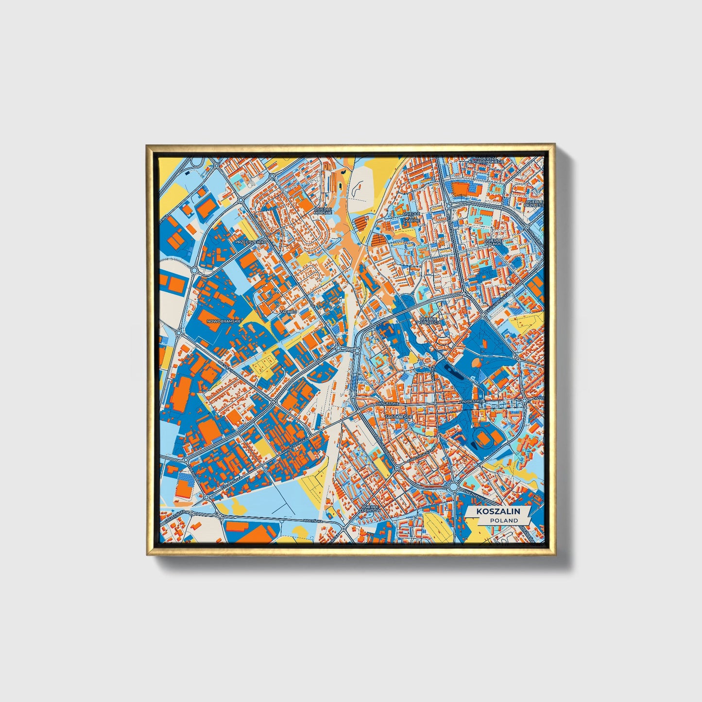 Koszalin Poland Colorful City Map Canvas Print • Gold Framed