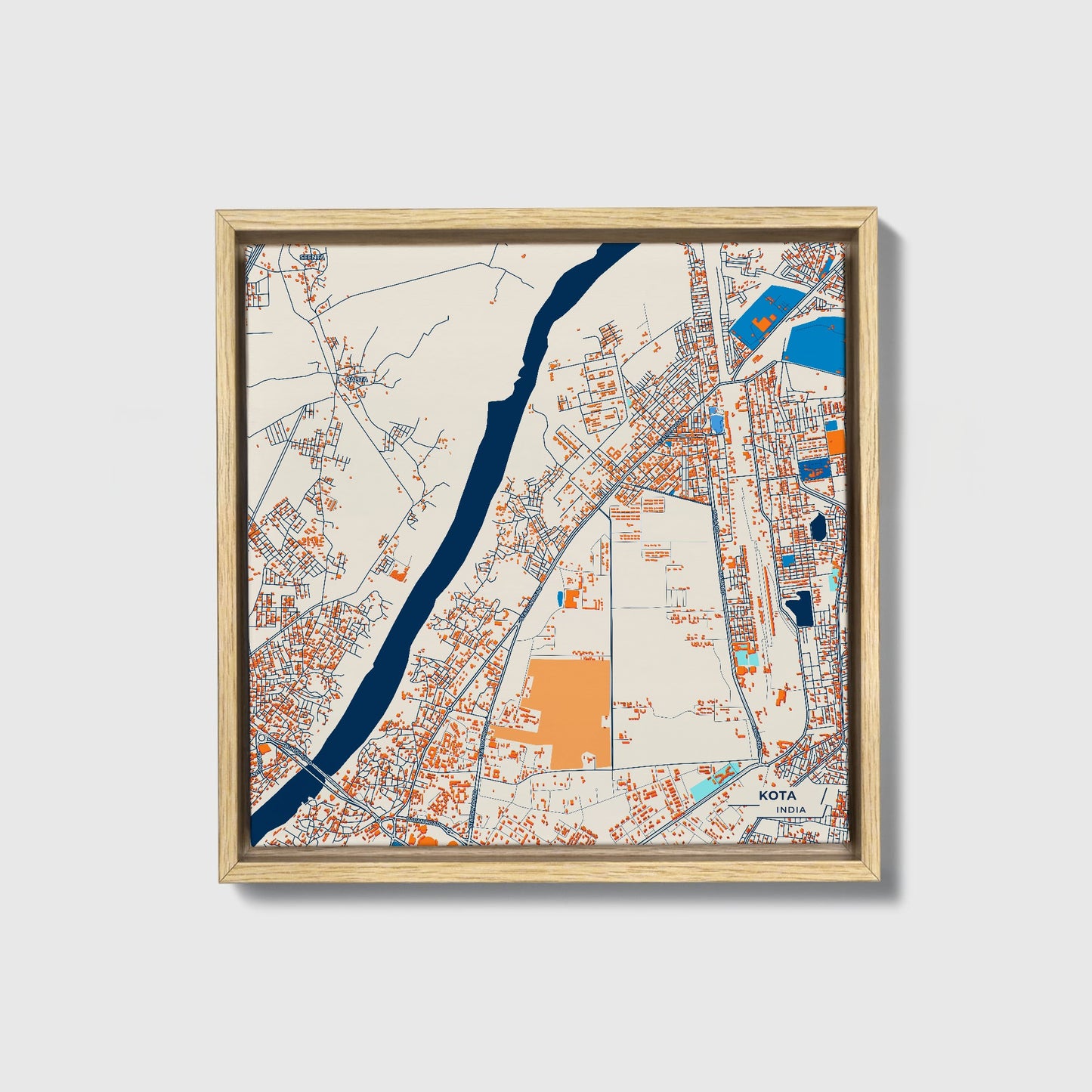 Kota India Colorful City Map Canvas Print • Natural Wooden Framed