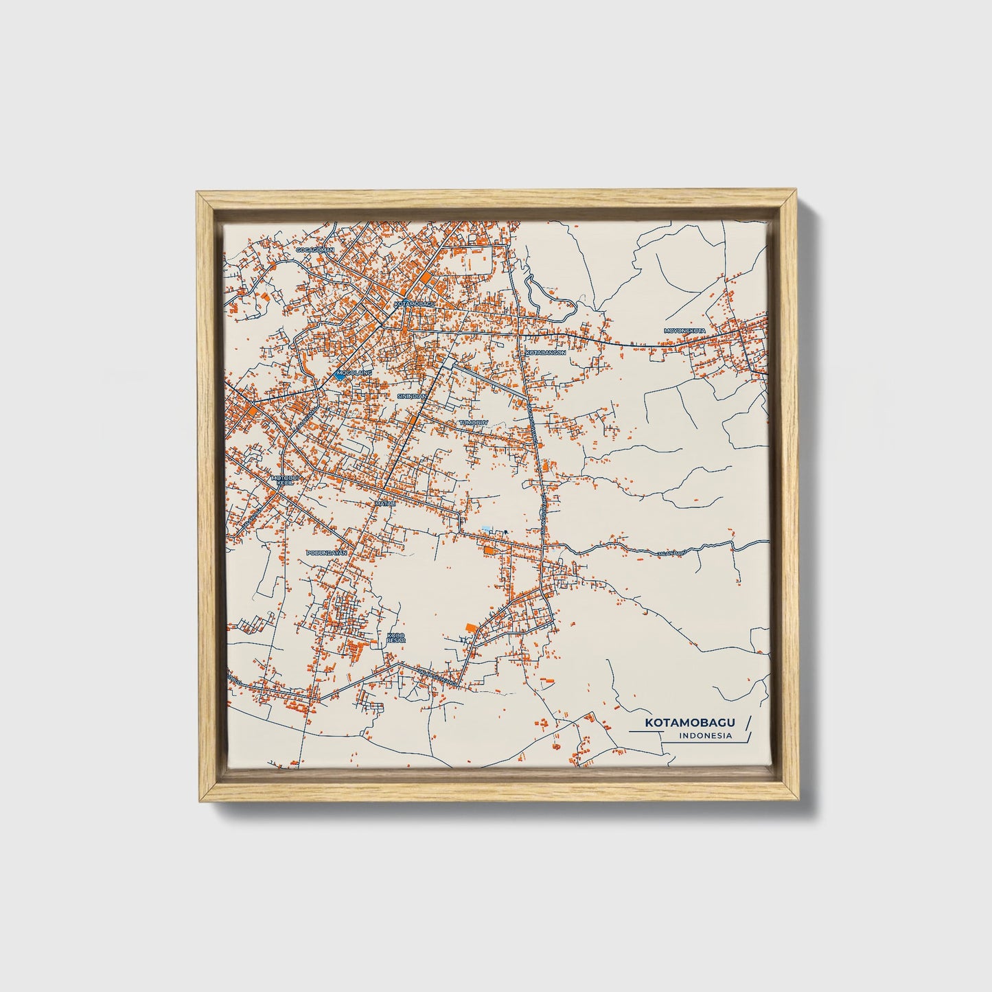 Kotamobagu Indonesia Colorful City Map Canvas Print • Natural Wooden Framed