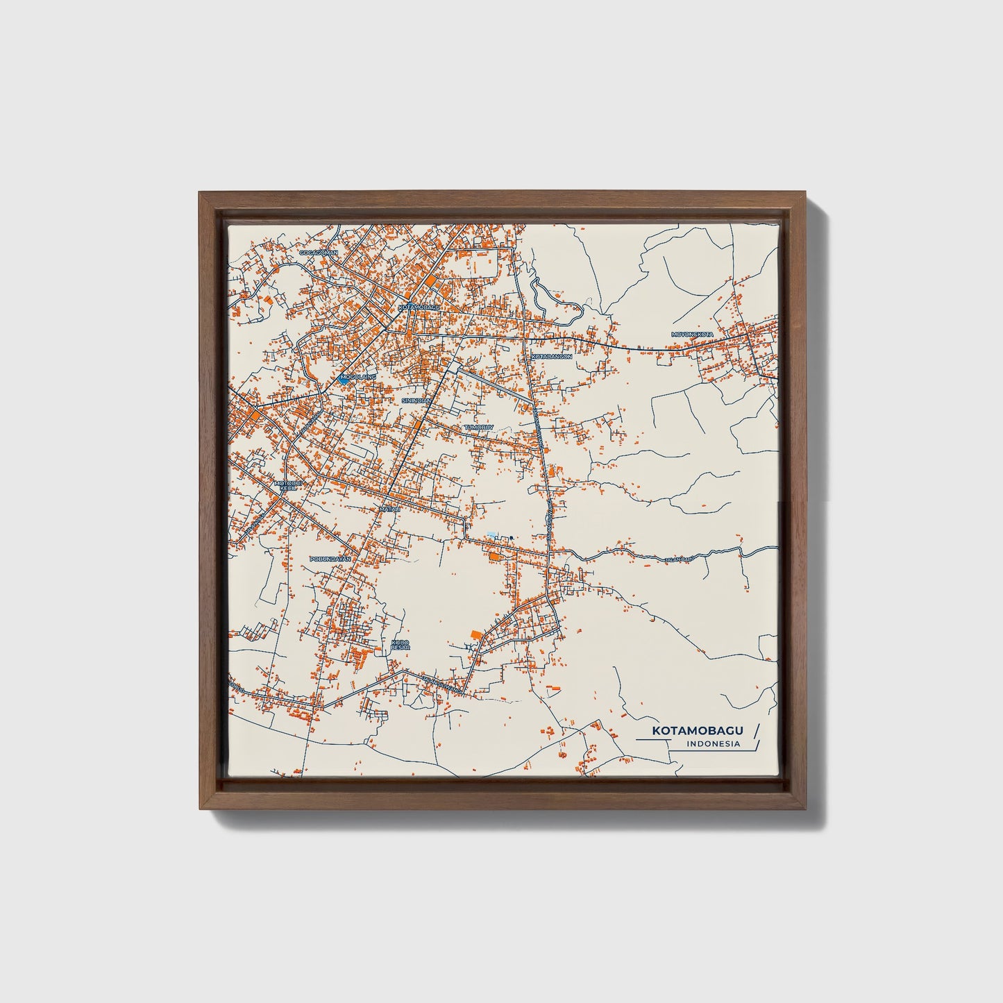 Kotamobagu Indonesia Colorful City Map Canvas Print • Dark Wooden Framed