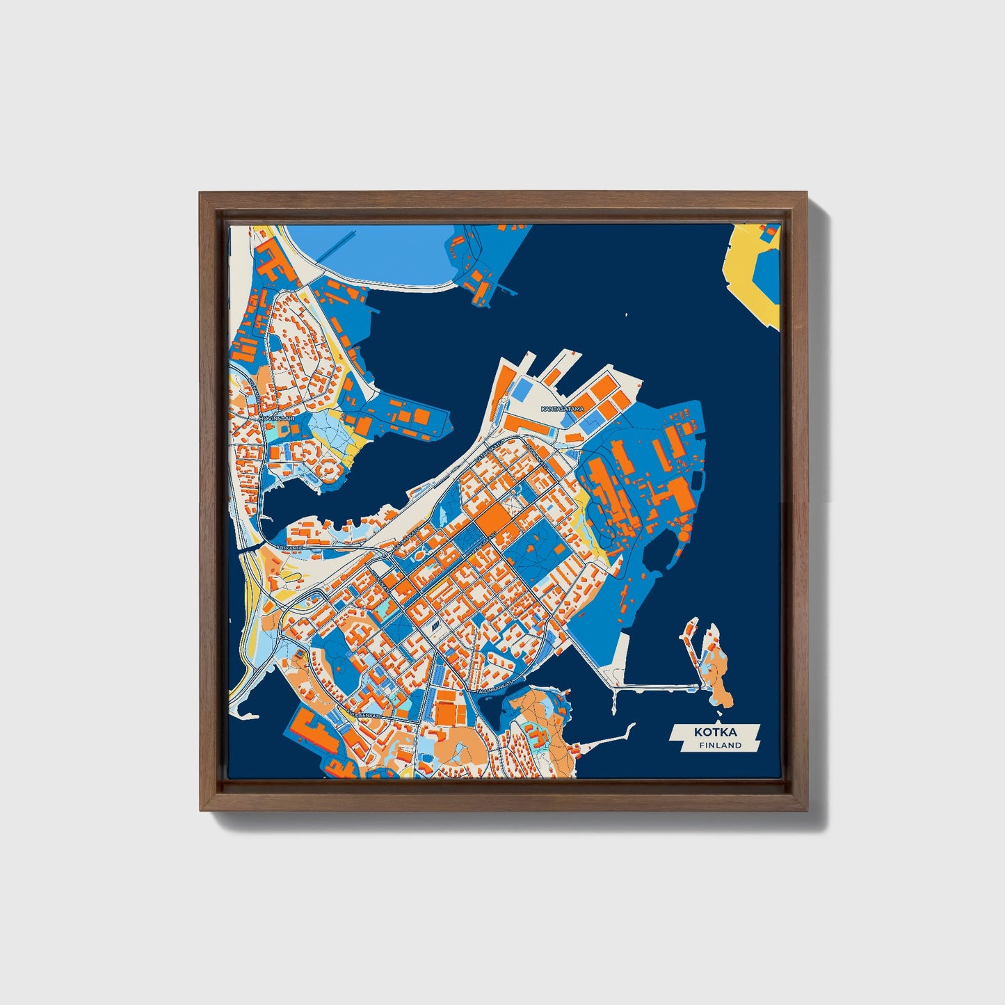 Kotka Finland Colorful City Map Canvas Print • Dark Wooden Framed