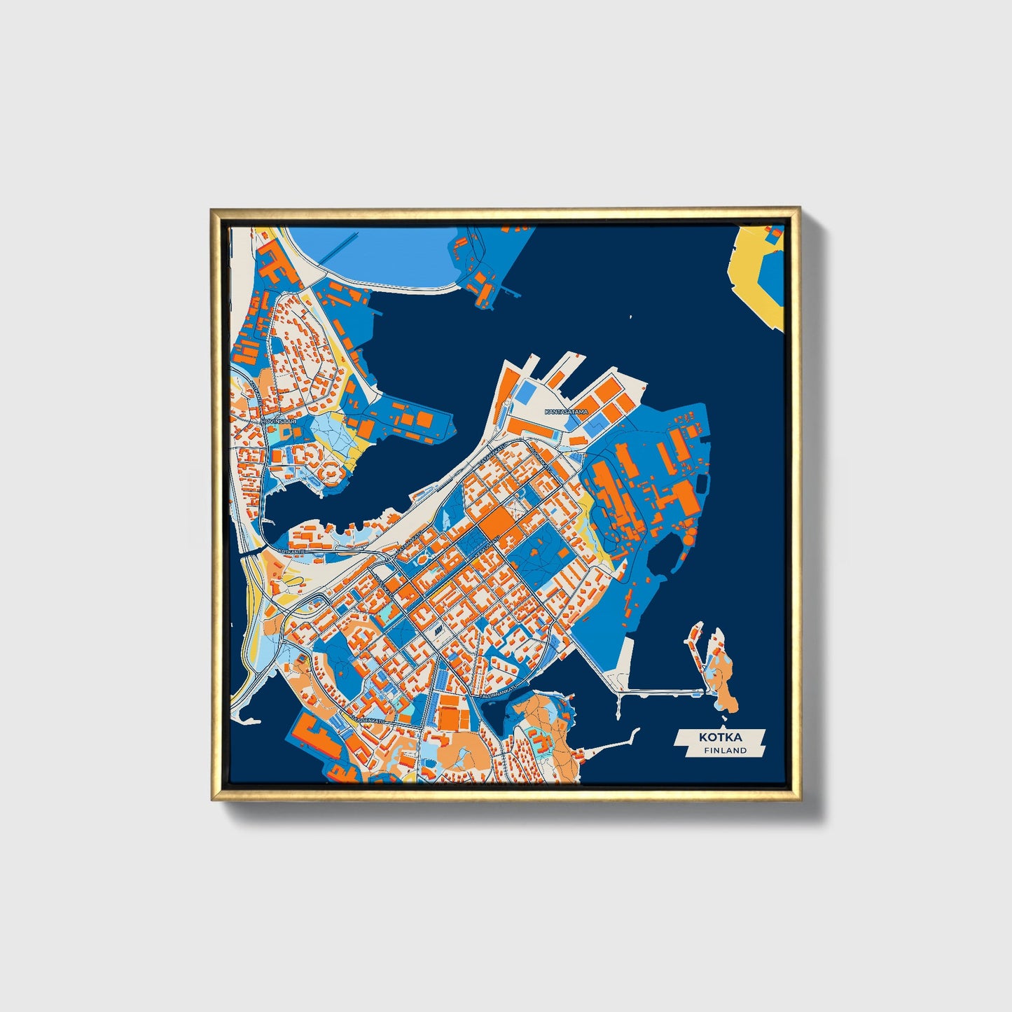 Kotka Finland Colorful City Map Canvas Print • Gold Framed